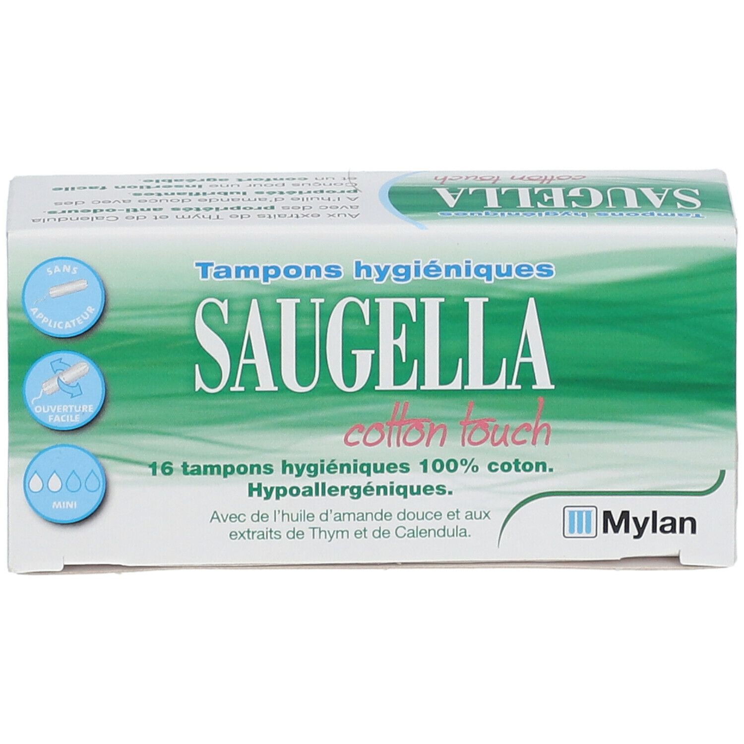 Boîte de tampons Saugella Cotton Touch. 16 tampons. 100% coton. Hypoallergéniques. Sans applicateur. Huile d'amande douce.