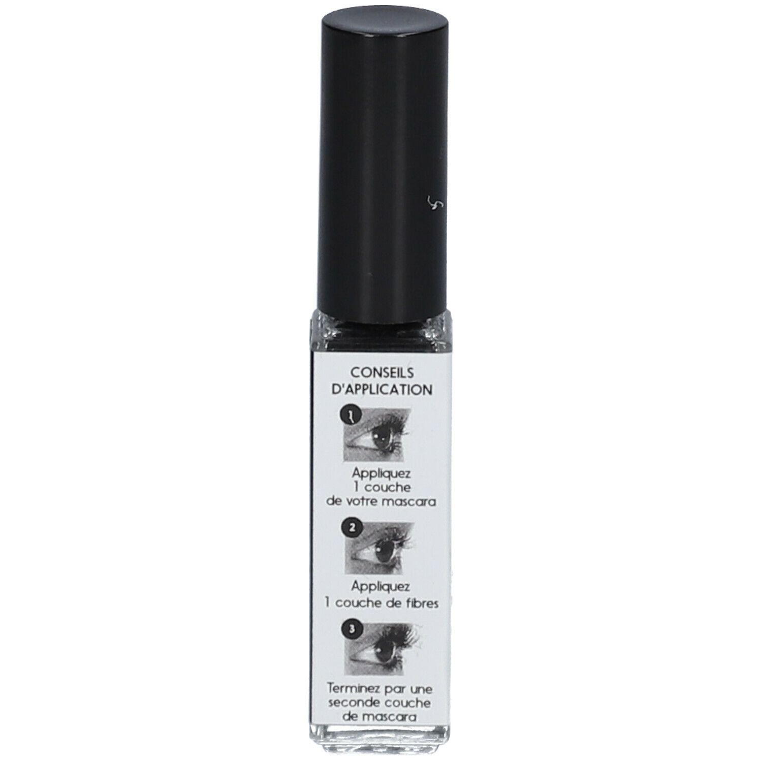 Applicateur de mascara noir avec instructions. Inscription: Conseils d'application.
