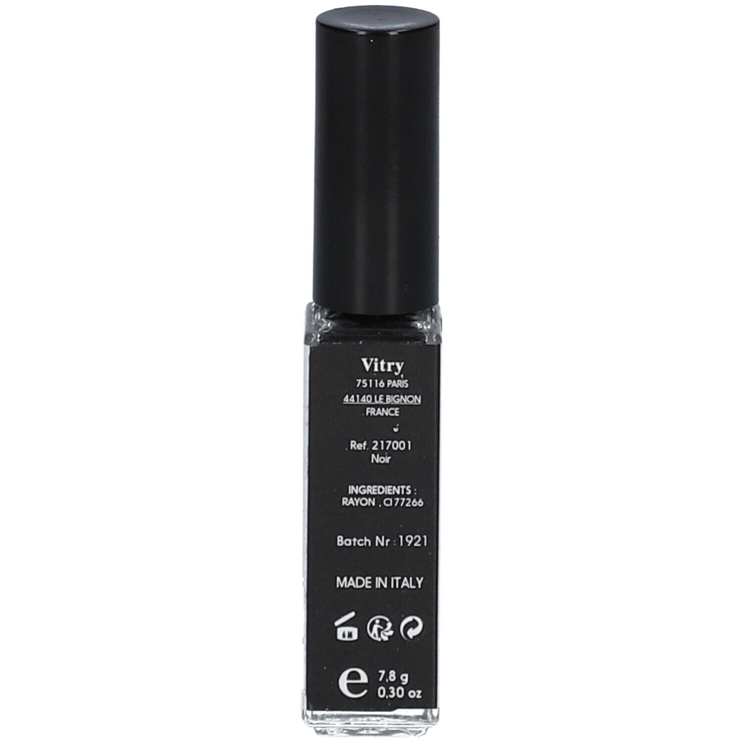 Applicateur de mascara noir. Inscription: Vitry, Noir, 7,8 g, Made in Italy.