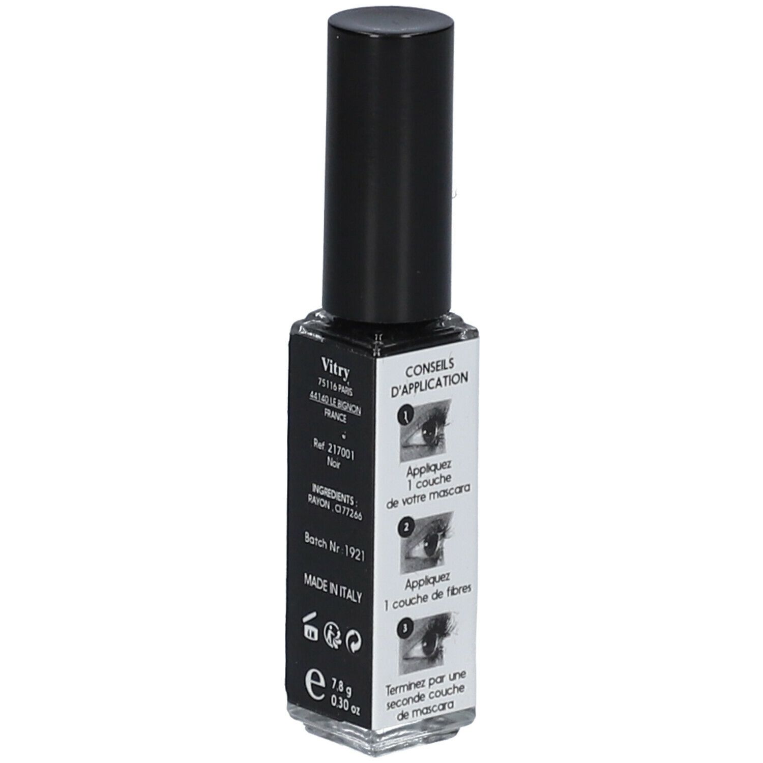 Applicateur de mascara noir. Inscription: Vitry, Conseils d'application, Made in Italy.