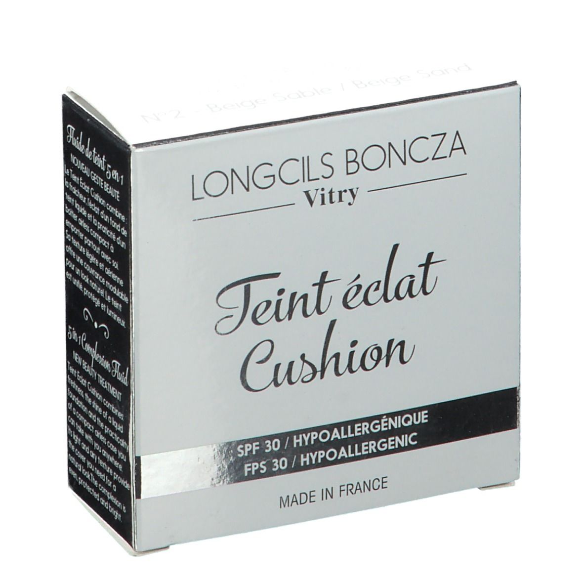 Boîte 'Vitry Teint éclat Cushion'. Inscription: SPF 30, hypoallergénique. Marque: Longcils Boncza Vitry. Fabriqué en France.