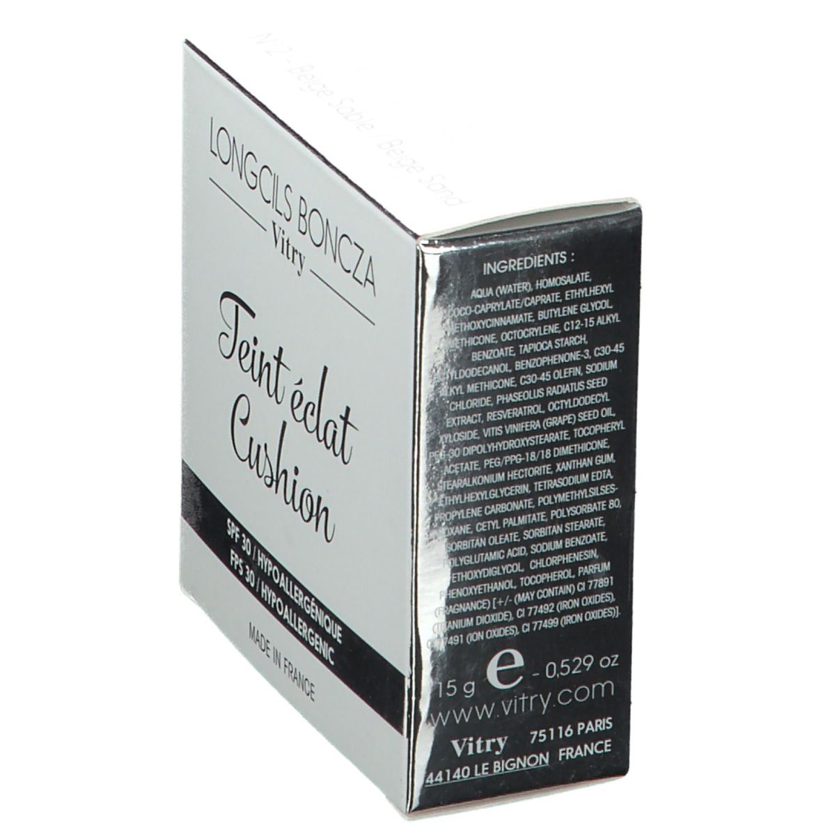 Boîte 'Vitry Teint éclat Cushion'. Ingrédients et coordonnées. Marque: Longcils Boncza Vitry. 15g, fabriqué en France.