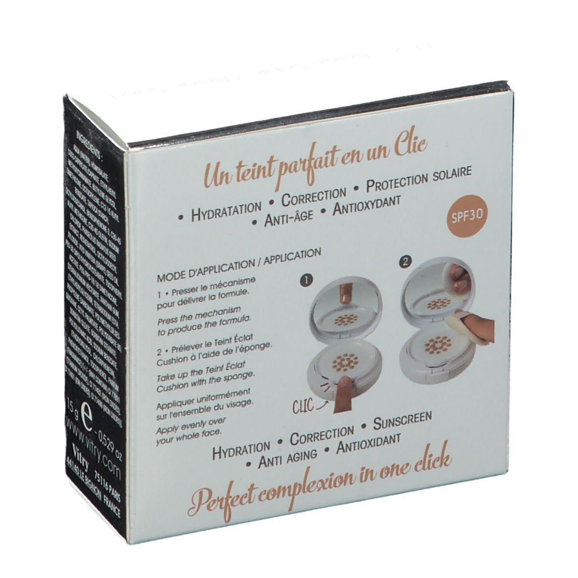 Boîte 'Vitry Teint éclat Cushion'. Produit et application. Texte: SPF30. Marque: Longcils Boncza Vitry. Teint parfait en un clic.