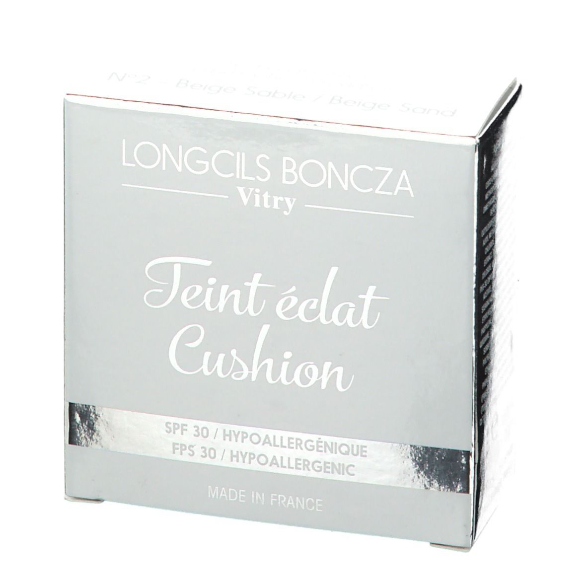 Boîte 'Vitry Teint éclat Cushion'. Texte: SPF 30, hypoallergénique. Marque: Longcils Boncza Vitry. Beige Sand.