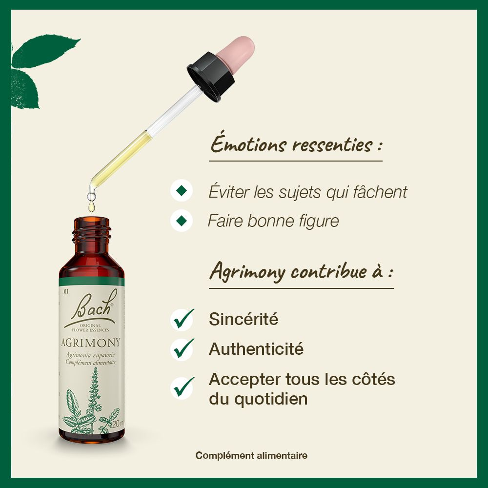 Graphique avec produit et texte. Décrit les émotions et les avantages d'Agrimony. Marque : Bach. Complément alimentaire.