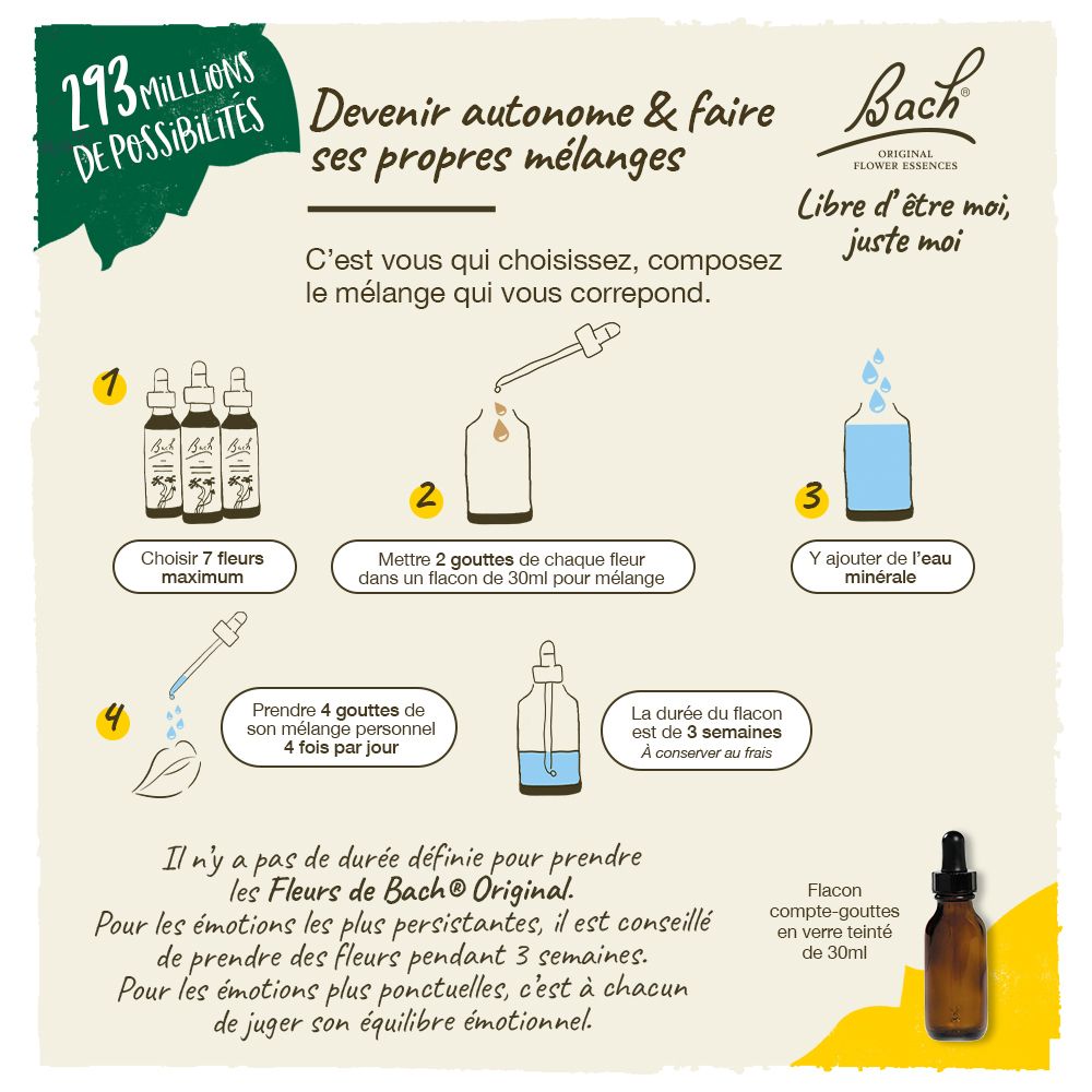 Graphique avec produit et instructions. Explique la création de mélanges. Marque : Bach. 38 fleurs.