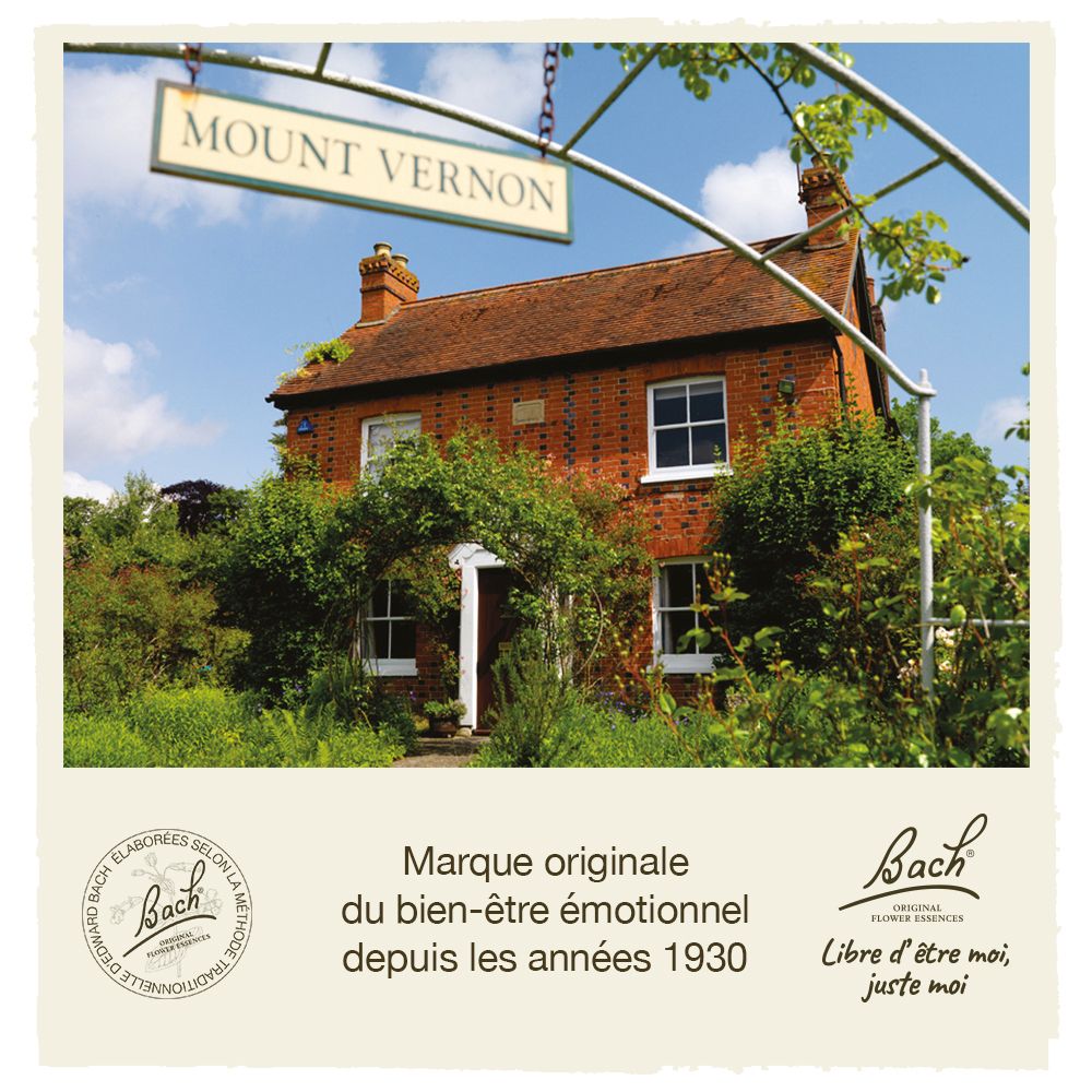 Photo d'une maison avec enseigne. Texte : Mount Vernon. Marque : Bach. Bien-être émotionnel depuis 1930.