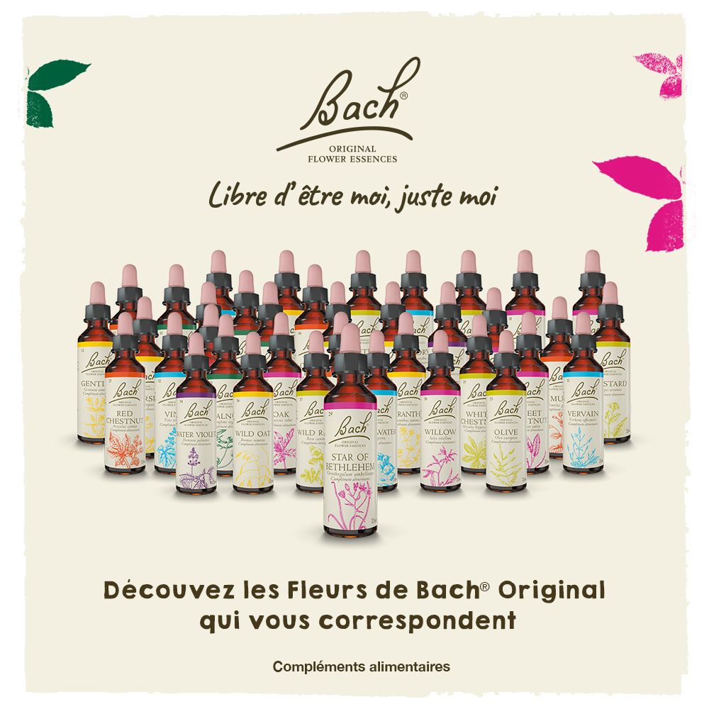 Plusieurs flacons. Montre les 38 Fleurs de Bach Original. Marque : Bach. Complément alimentaire.