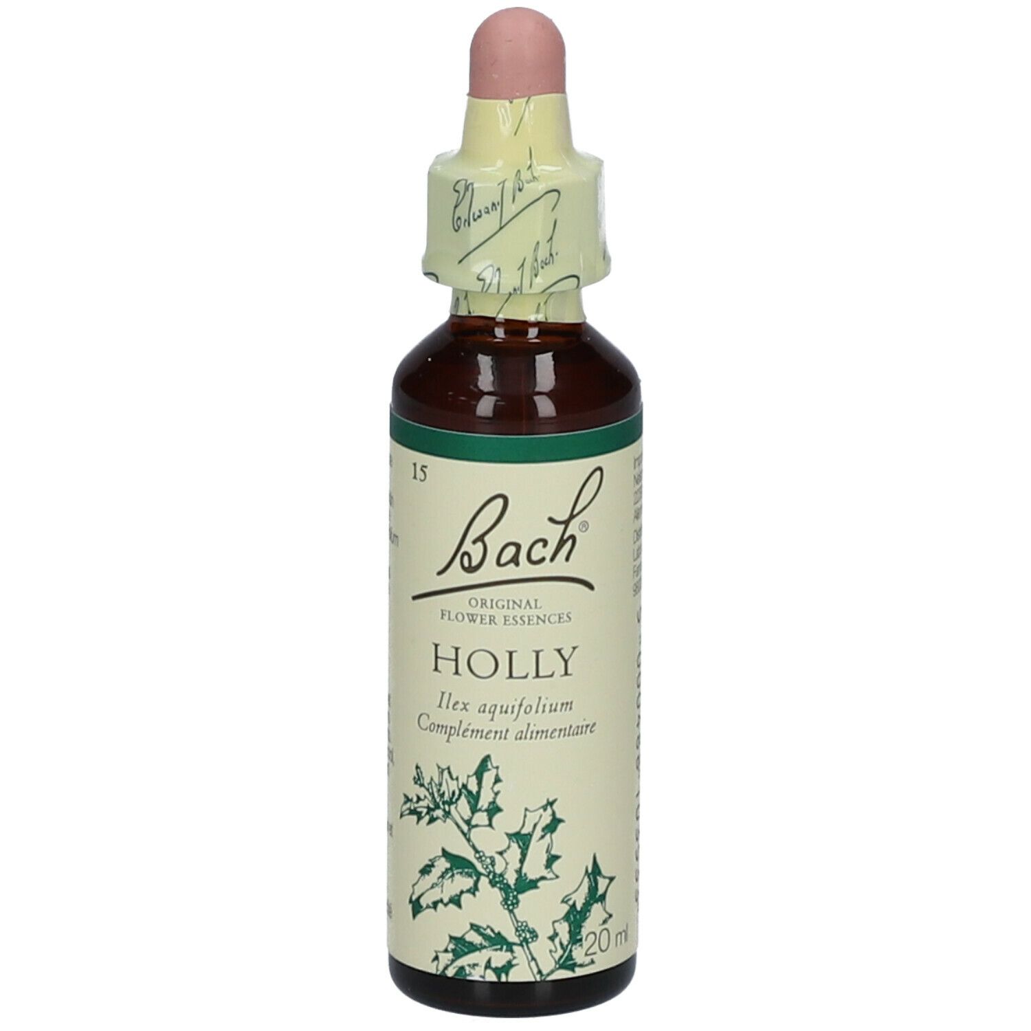 Flacon en verre brun avec compte-gouttes. Étiquette avec illustration de Holly et logo Bach. 20ml.