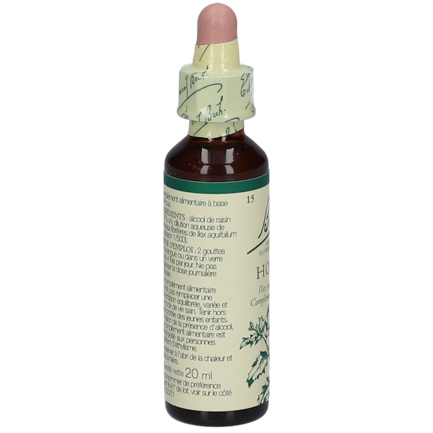 Dos du flacon. Texte: Ingrédients, utilisation, avertissements. 20ml. Logo Bach.