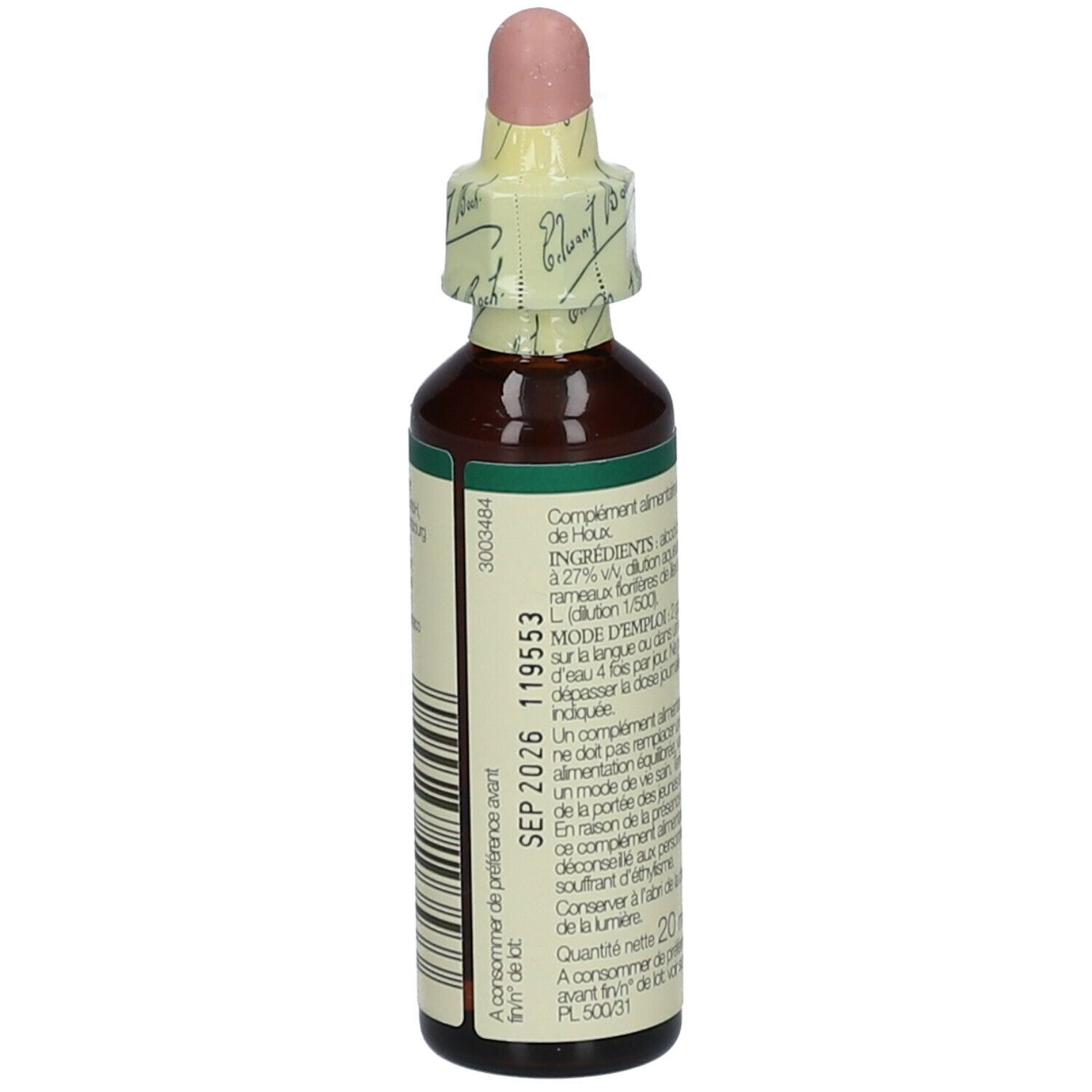 Dos du flacon. Texte: Durée de conservation, numéro de lot, date de fabrication. 20ml. Logo Bach.