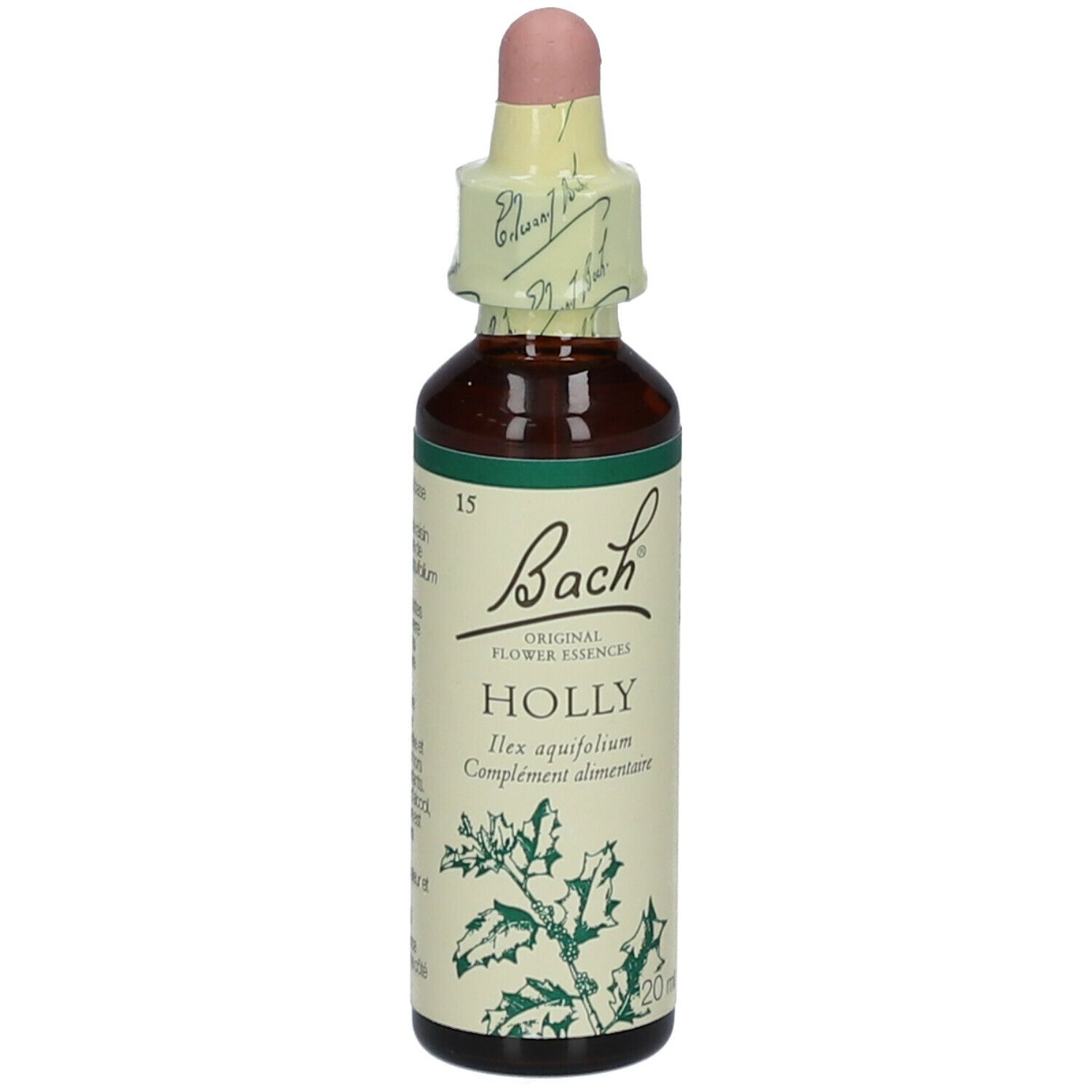 Flacon en verre brun avec compte-gouttes. Étiquette avec illustration de Holly et logo Bach. 20ml.