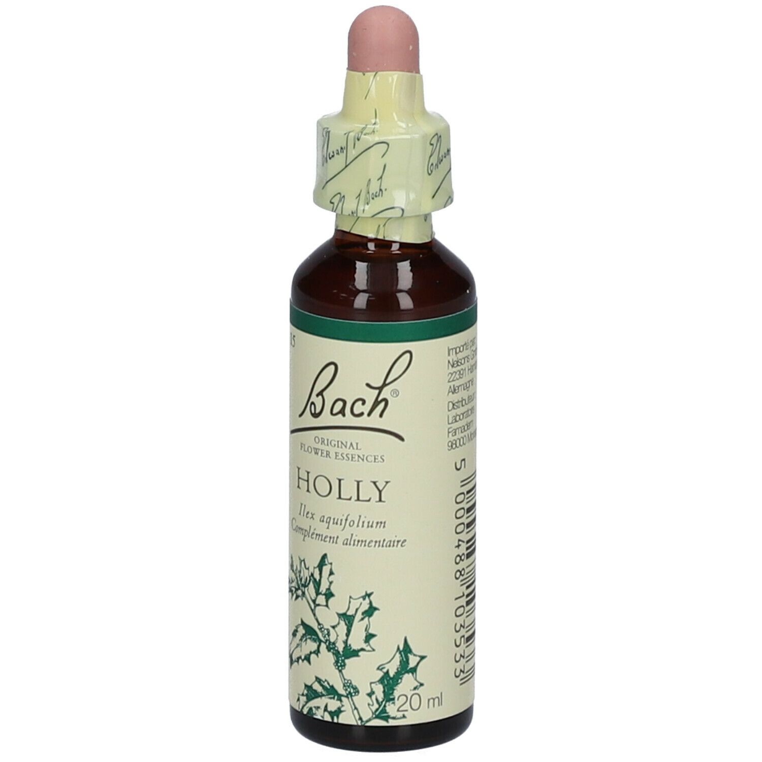 Flacon en verre brun avec compte-gouttes. Étiquette avec illustration de Holly et logo Bach. 20ml.