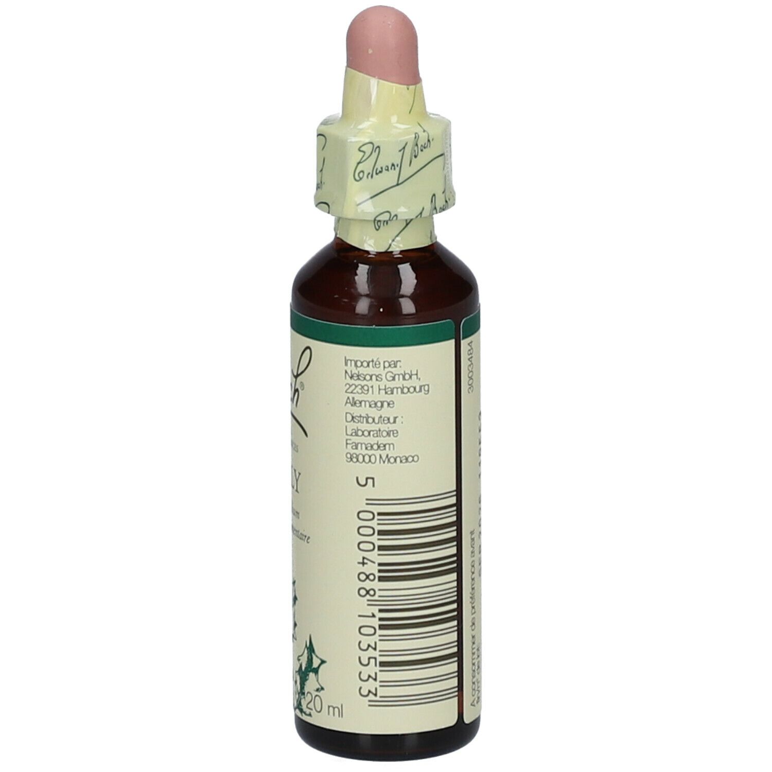Dos du flacon. Texte: Importateur, numéro de lot, code-barres. 20ml. Logo Bach.