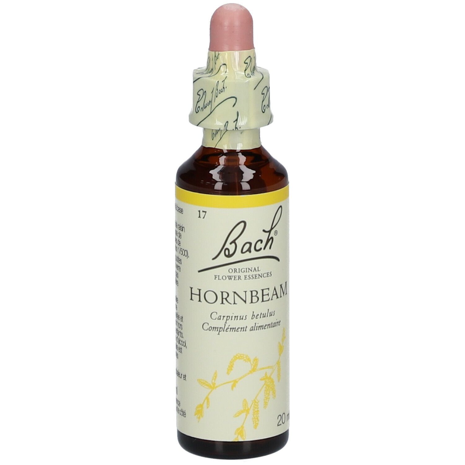 Flacon en verre brun avec compte-gouttes. Étiquette "Bach" et "Hornbeam".