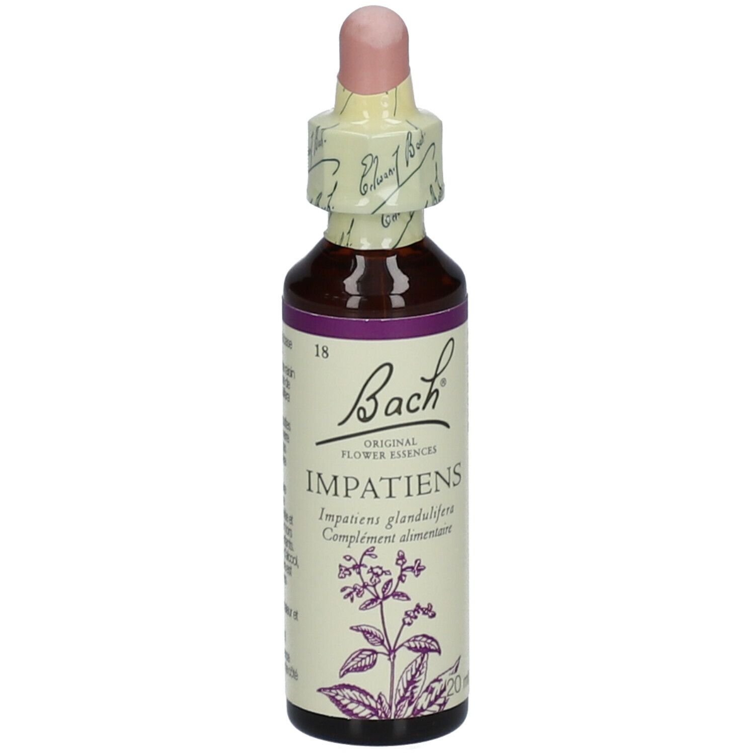 Flacon en verre brun avec compte-gouttes. Étiquette "Bach" et "Impatiens".