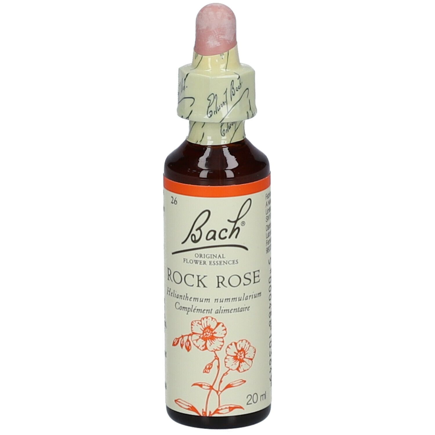 Flacon en verre brun avec compte-gouttes. Étiquette avec texte: Rock Rose, Bach Original Flower Essences. 20 ml.