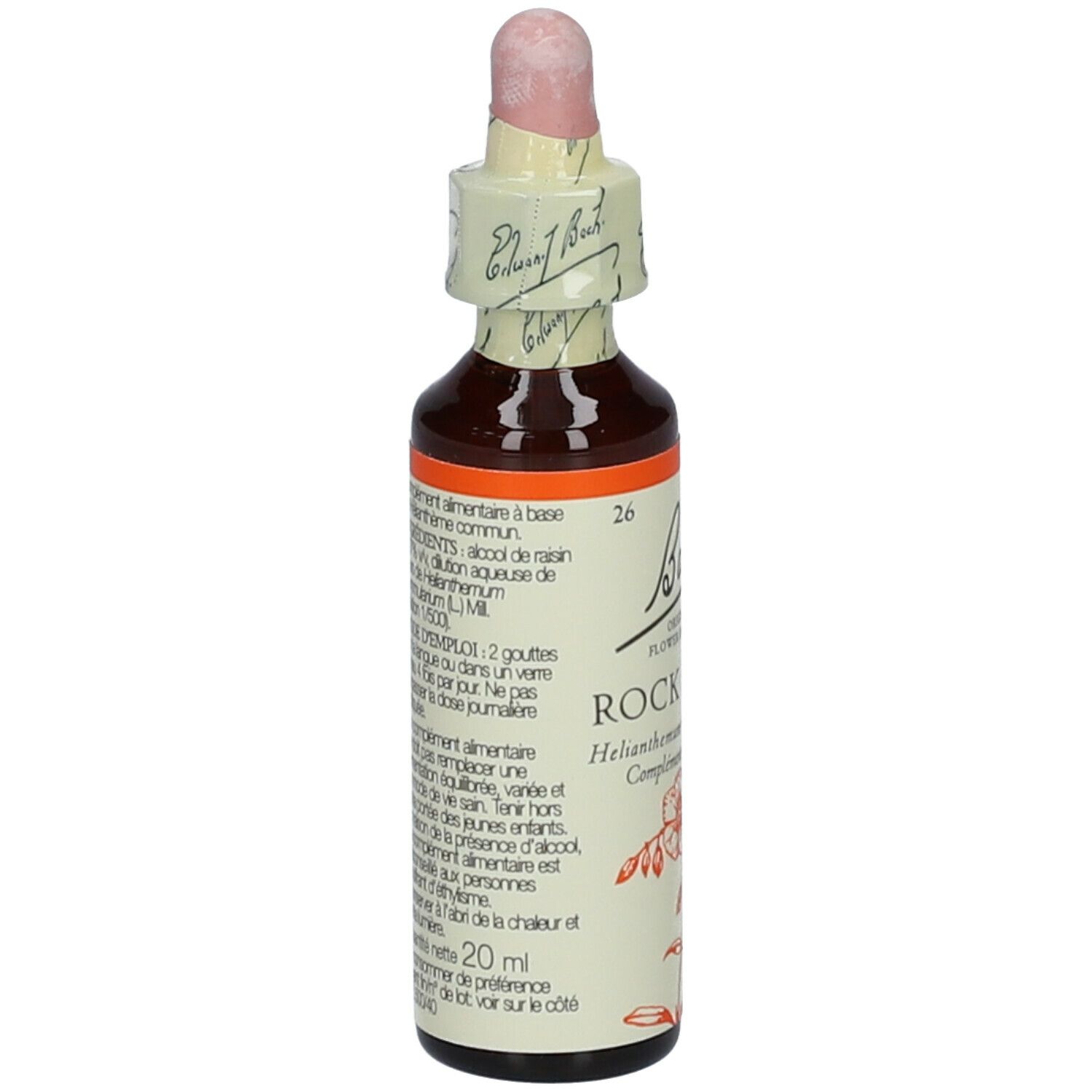 Flacon en verre brun avec compte-gouttes. Étiquette avec texte: Rock Rose, Bach Original Flower Essences. 20 ml.