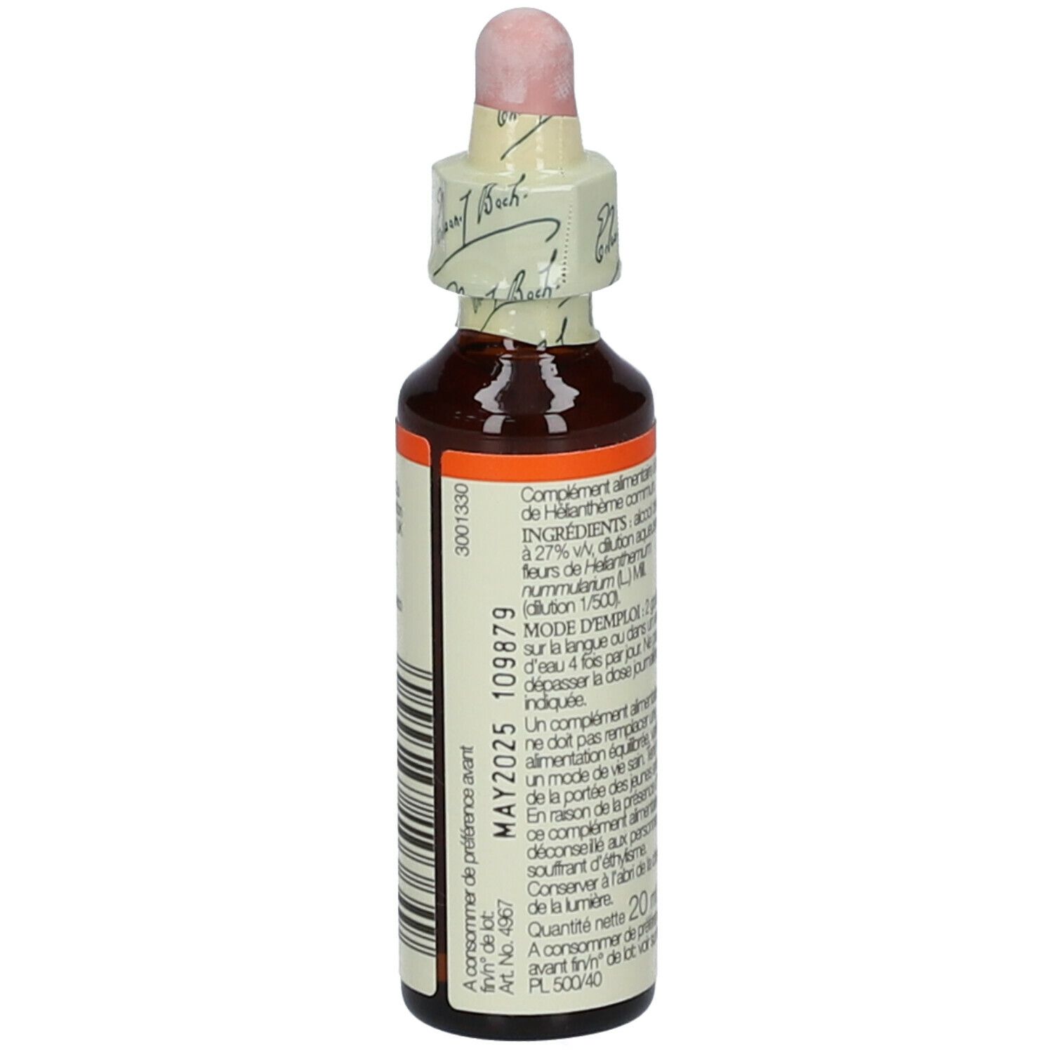 Flacon en verre brun avec compte-gouttes. Étiquette avec texte: Rock Rose, Bach Original Flower Essences. 20 ml.