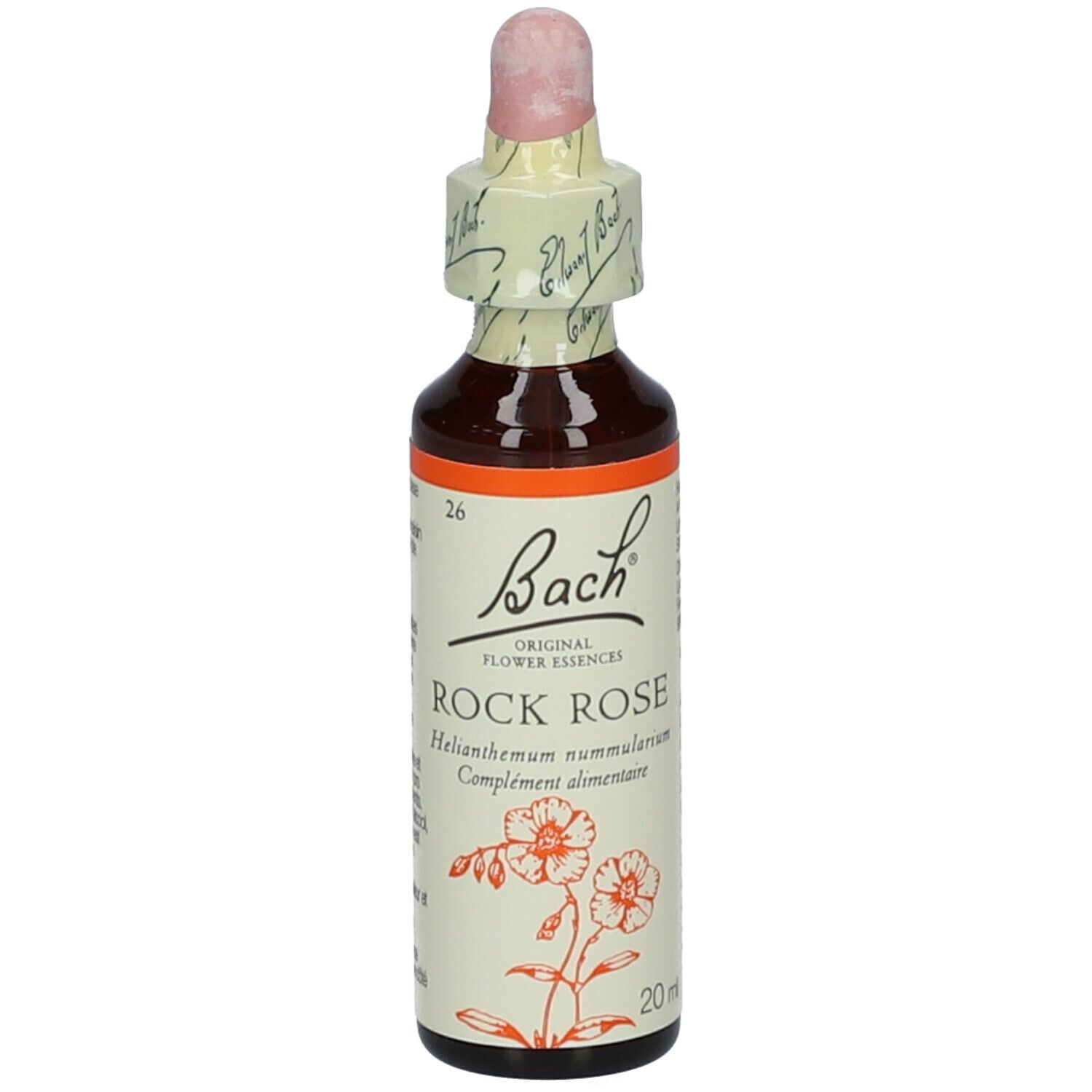 Flacon en verre brun avec compte-gouttes. Étiquette avec texte: Rock Rose, Bach Original Flower Essences. 20 ml.