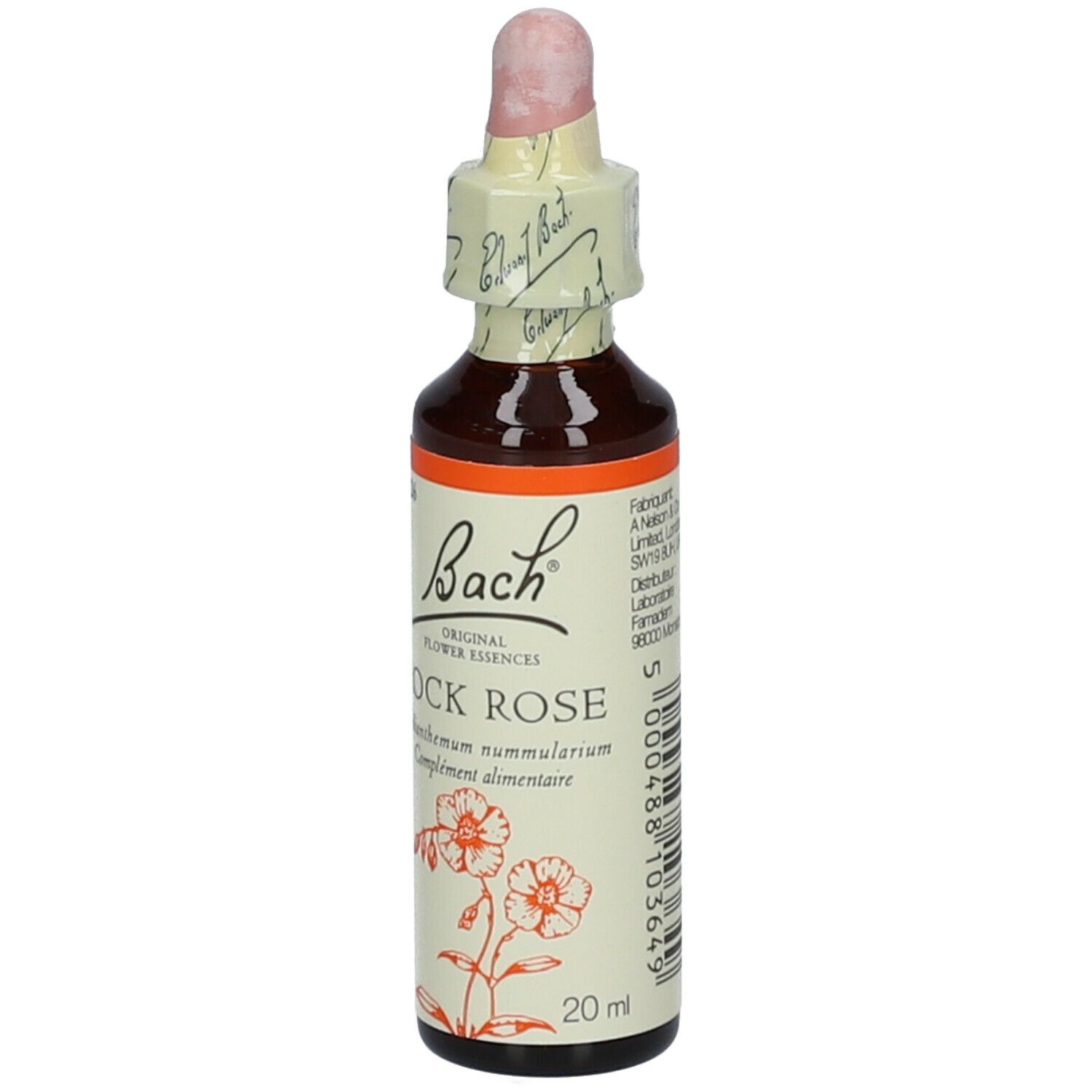 Flacon en verre brun avec compte-gouttes. Étiquette avec texte: Rock Rose, Bach Original Flower Essences. 20 ml.