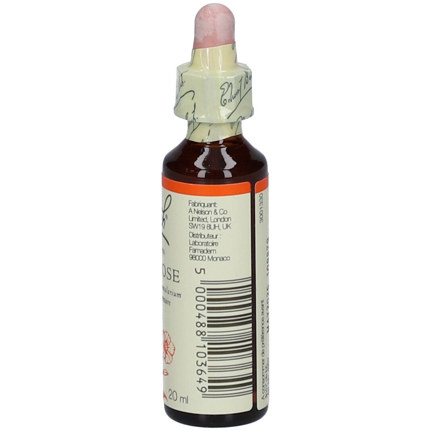 Flacon en verre brun avec compte-gouttes. Étiquette avec texte: Rock Rose, Bach Original Flower Essences. 20 ml.
