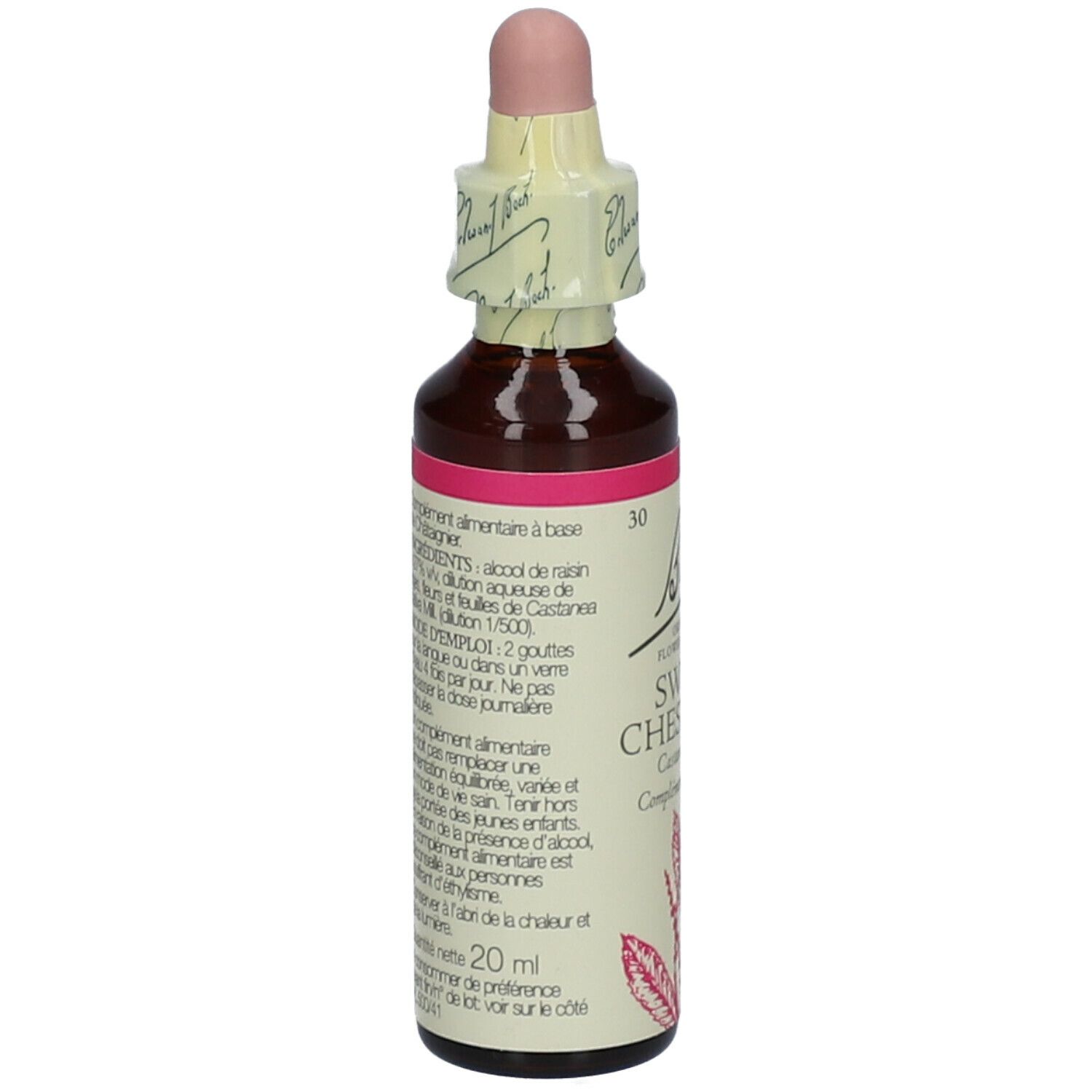 Flacon en verre brun avec étiquette rose. Dos avec ingrédients et instructions d'utilisation.