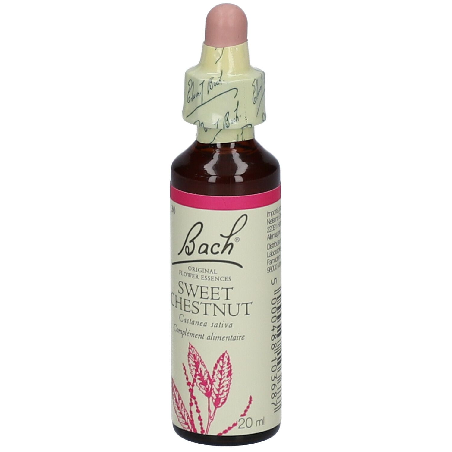Flacon en verre brun avec étiquette rose. Bouchon compte-gouttes. Inscription : Bach Sweet Chestnut.