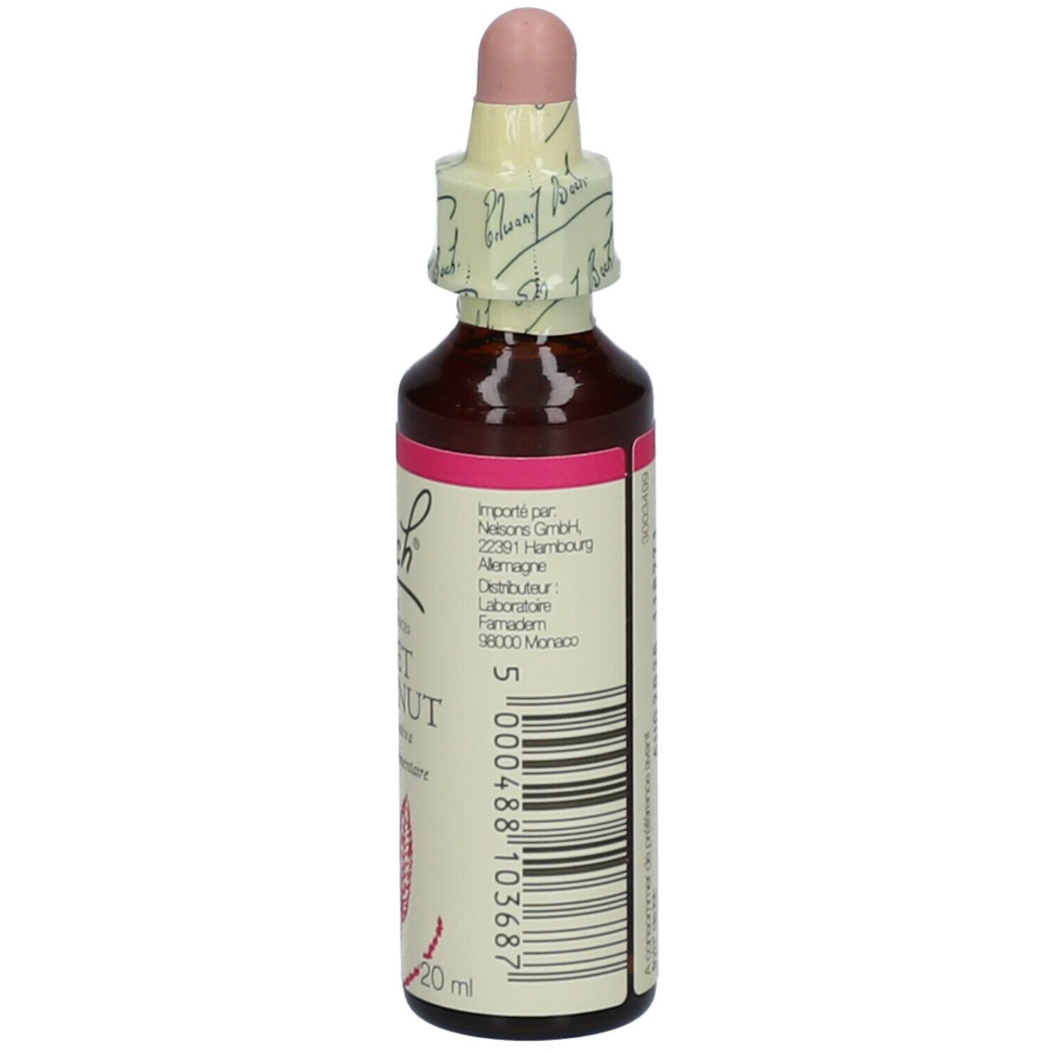 Flacon en verre brun avec étiquette rose. Dos avec informations fabricant et code-barres.