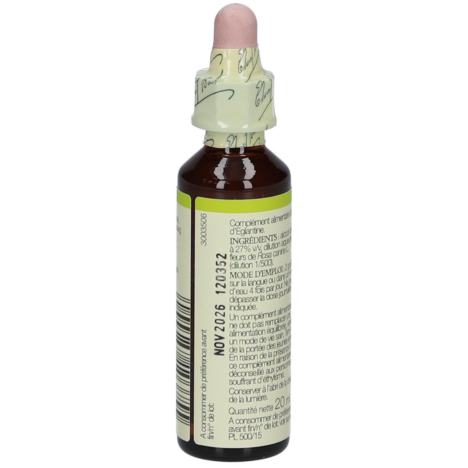 Flacon en verre brun avec compte-gouttes. Étiquette avec texte et 20ml.