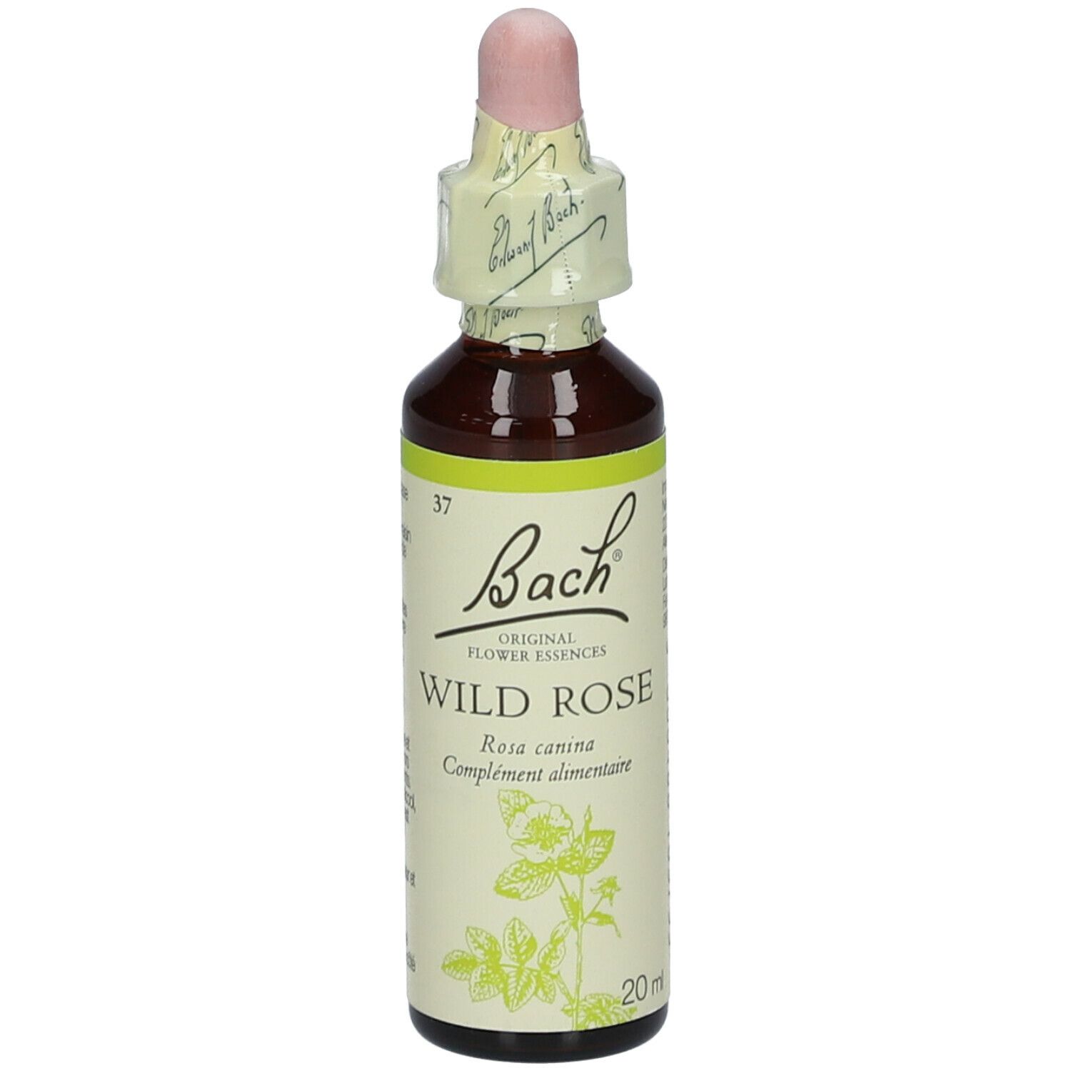 Flacon en verre brun avec compte-gouttes. Étiquette avec texte et 20ml.