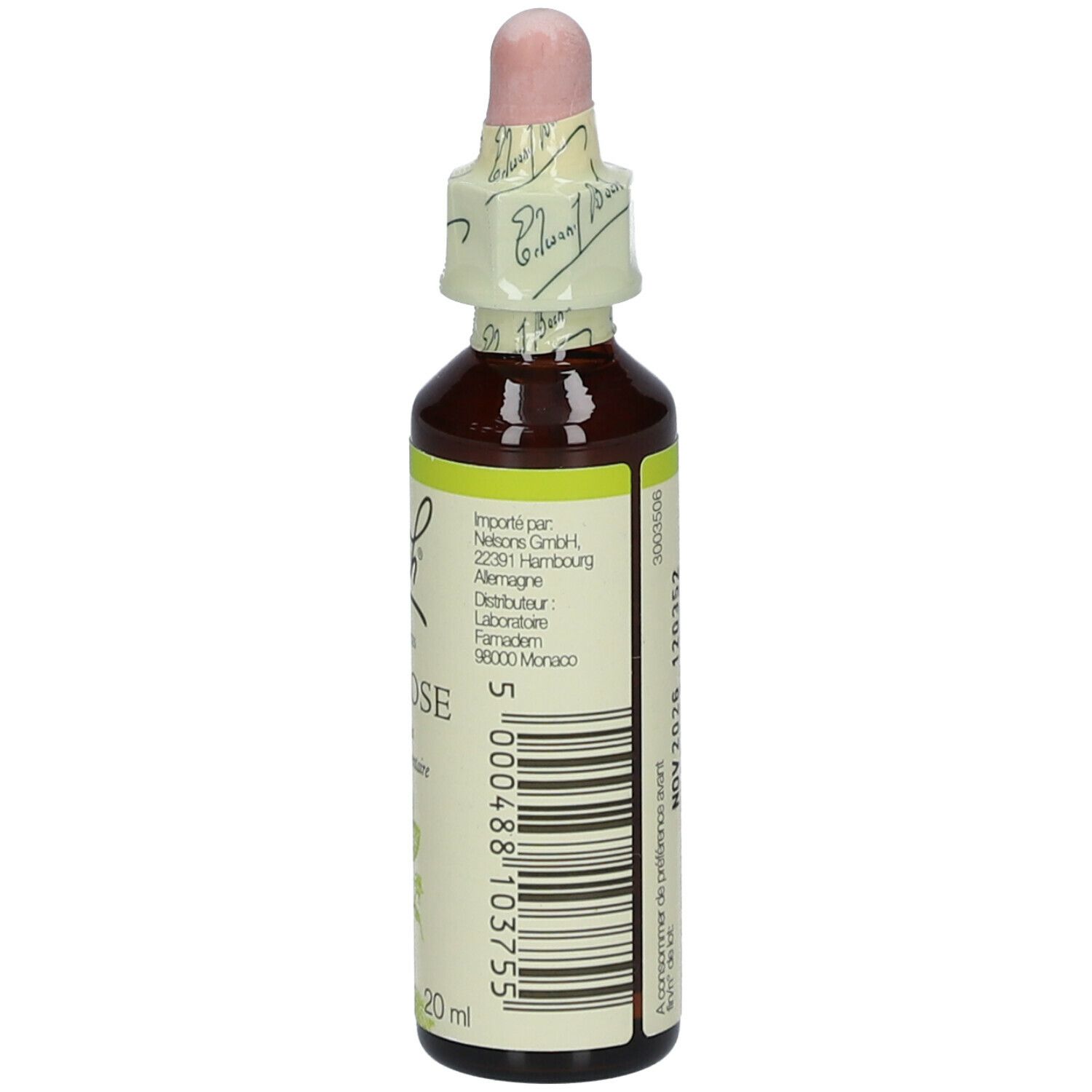 Flacon en verre brun avec compte-gouttes. Étiquette avec texte et 20ml.