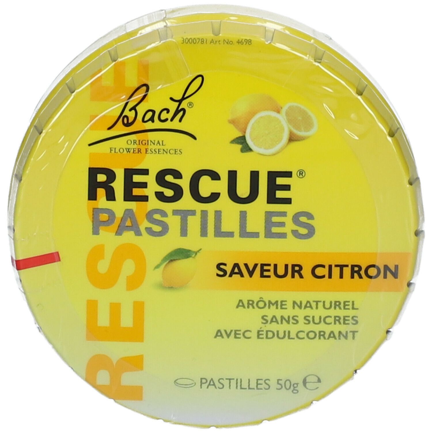Boîte jaune RESCUE PASTILLES Citron. Couvercle avec nom du produit, citron et logo.