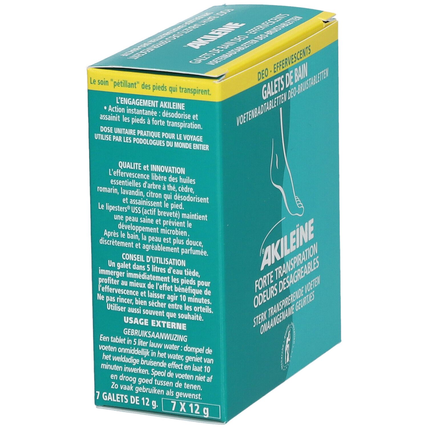 Boîte turquoise et jaune avec logo Akileïne et texte. Contient 7 comprimés. Texte : Forte Transpiration, Odeurs Désagréables.