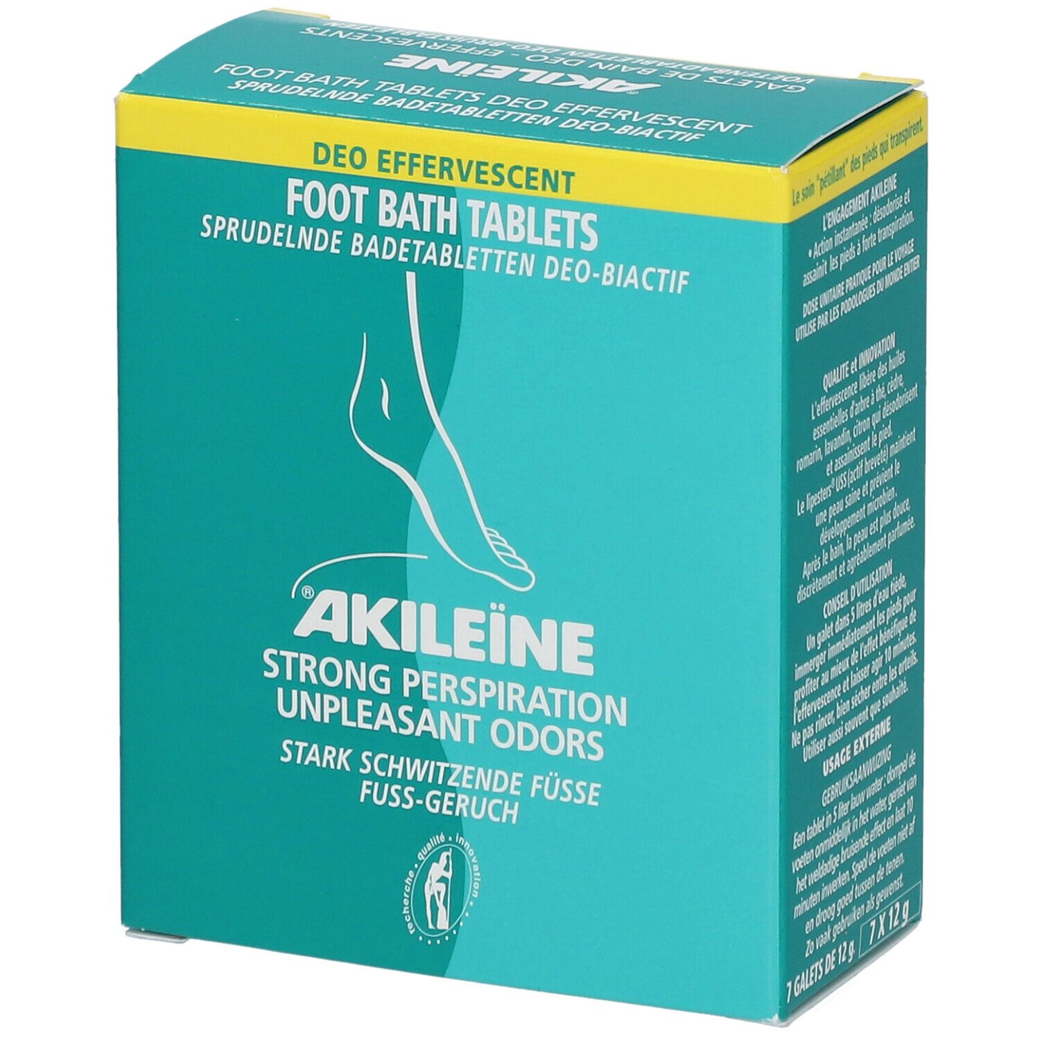 Boîte turquoise et jaune avec logo Akileïne et texte. Texte : Strong Perspiration, Unpleasant Odors. Comprimés pour bain de pieds.