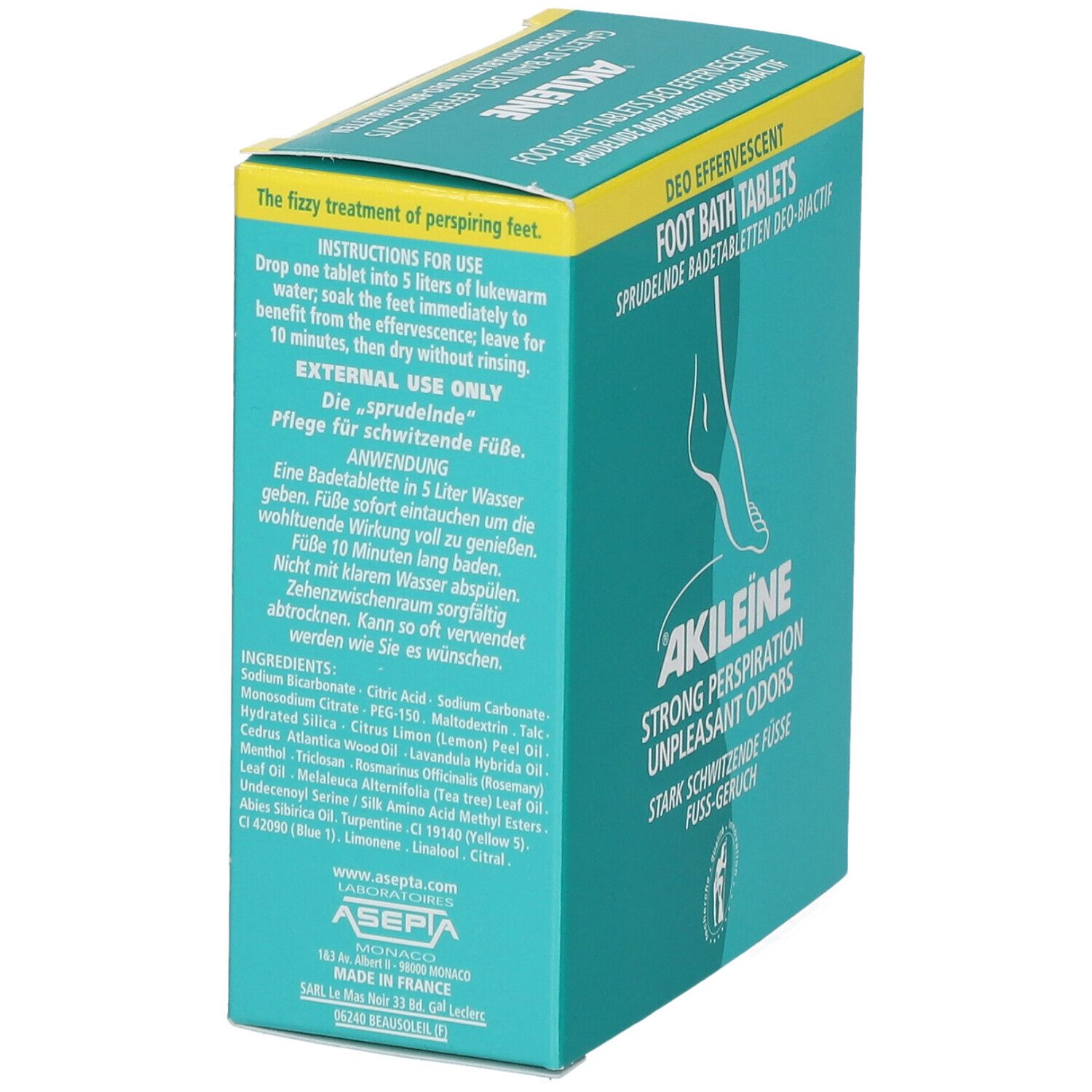 Boîte turquoise et jaune avec logo Akileïne et texte. Dos avec ingrédients et instructions d'utilisation.