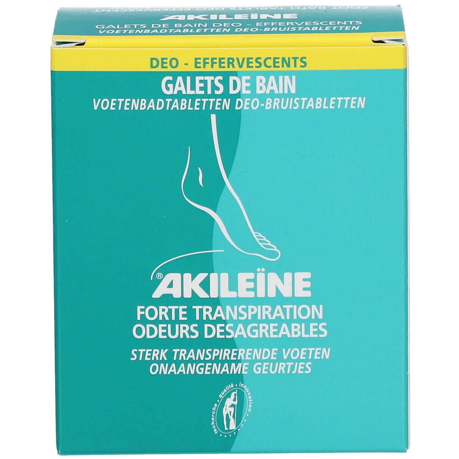 Boîte turquoise et jaune avec logo Akileïne et illustration de pied. Texte : Forte Transpiration, Odeurs Désagréables.