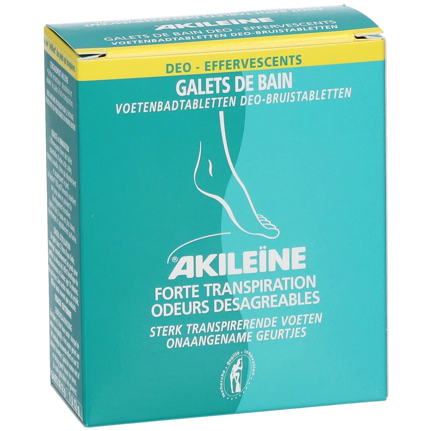 Boîte turquoise et jaune avec logo Akileïne et illustration de pied. Texte : Forte Transpiration, Odeurs Désagréables.