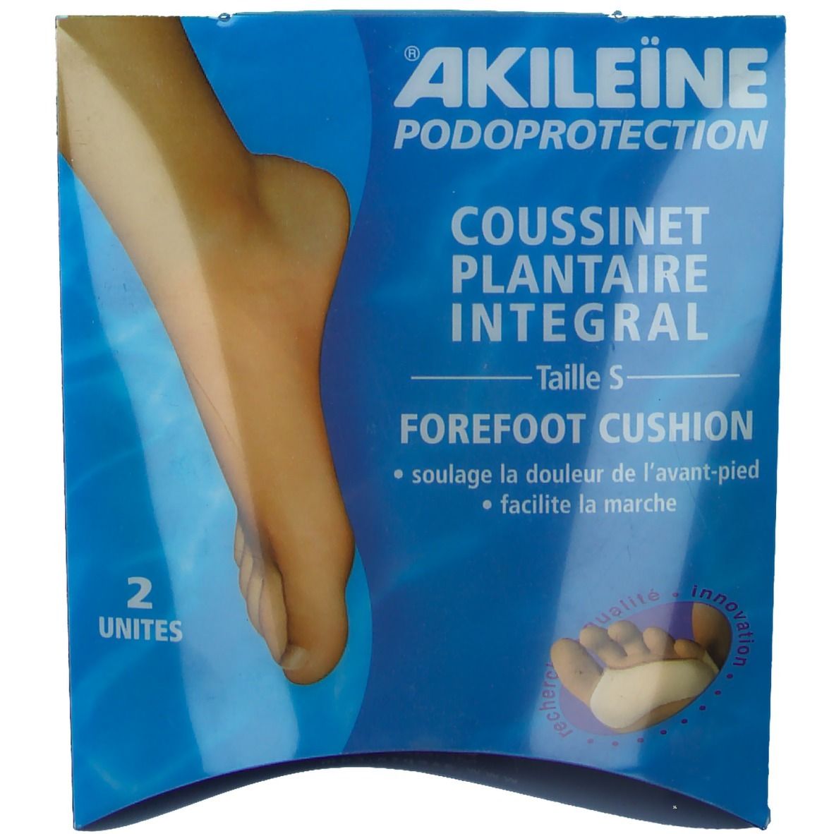 Boîte Akildia® Coussinet plantaire intégral. Modèle de pied avec coussinet. Taille S, 2 unités. Logo CE.