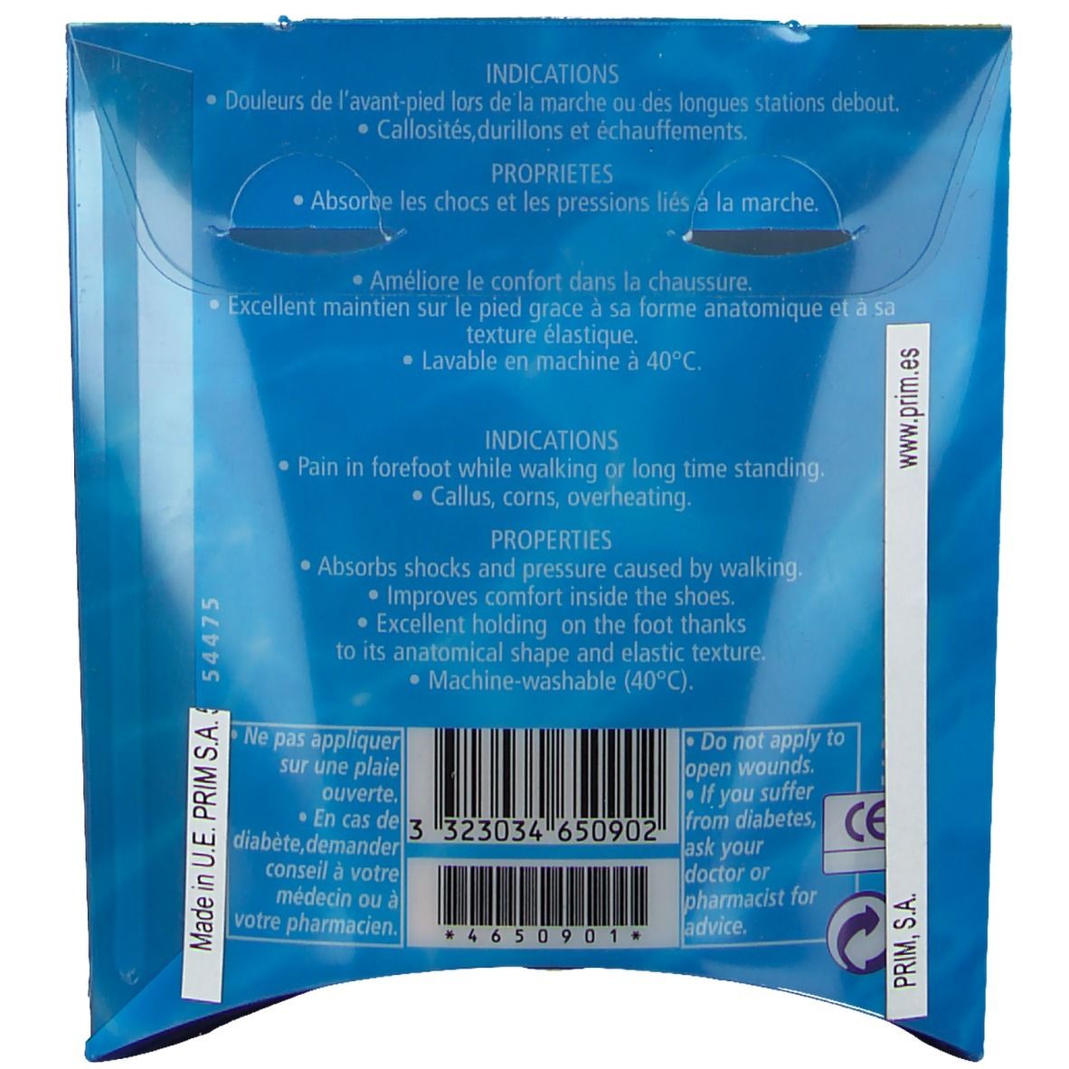 Vue latérale de la boîte Akildia® Coussinet plantaire intégral. Nom du produit et modèle de pied visibles. Taille S.