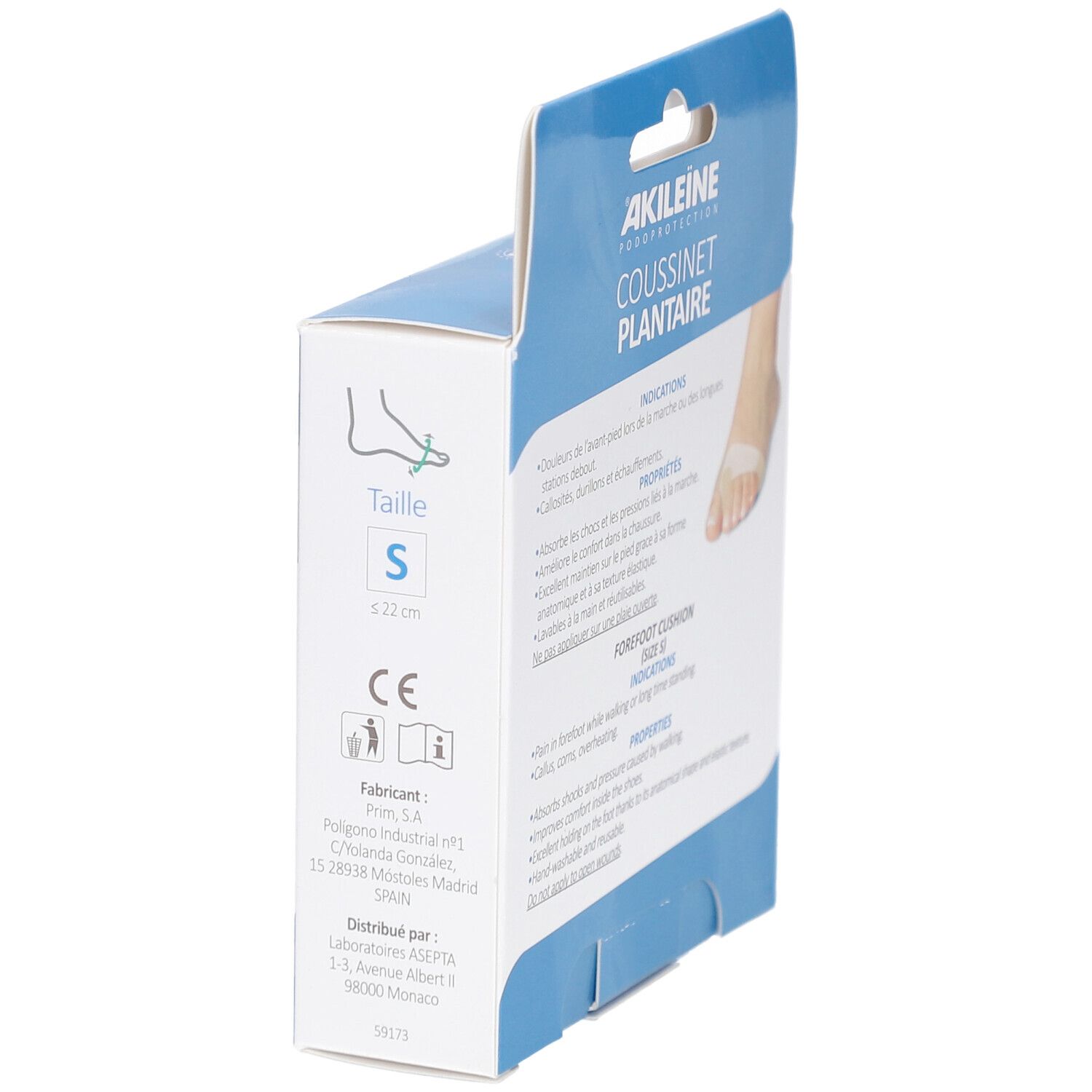 Vue latérale de la boîte Akildia® Coussinet plantaire intégral. Taille S, marquage CE et informations fabricant.