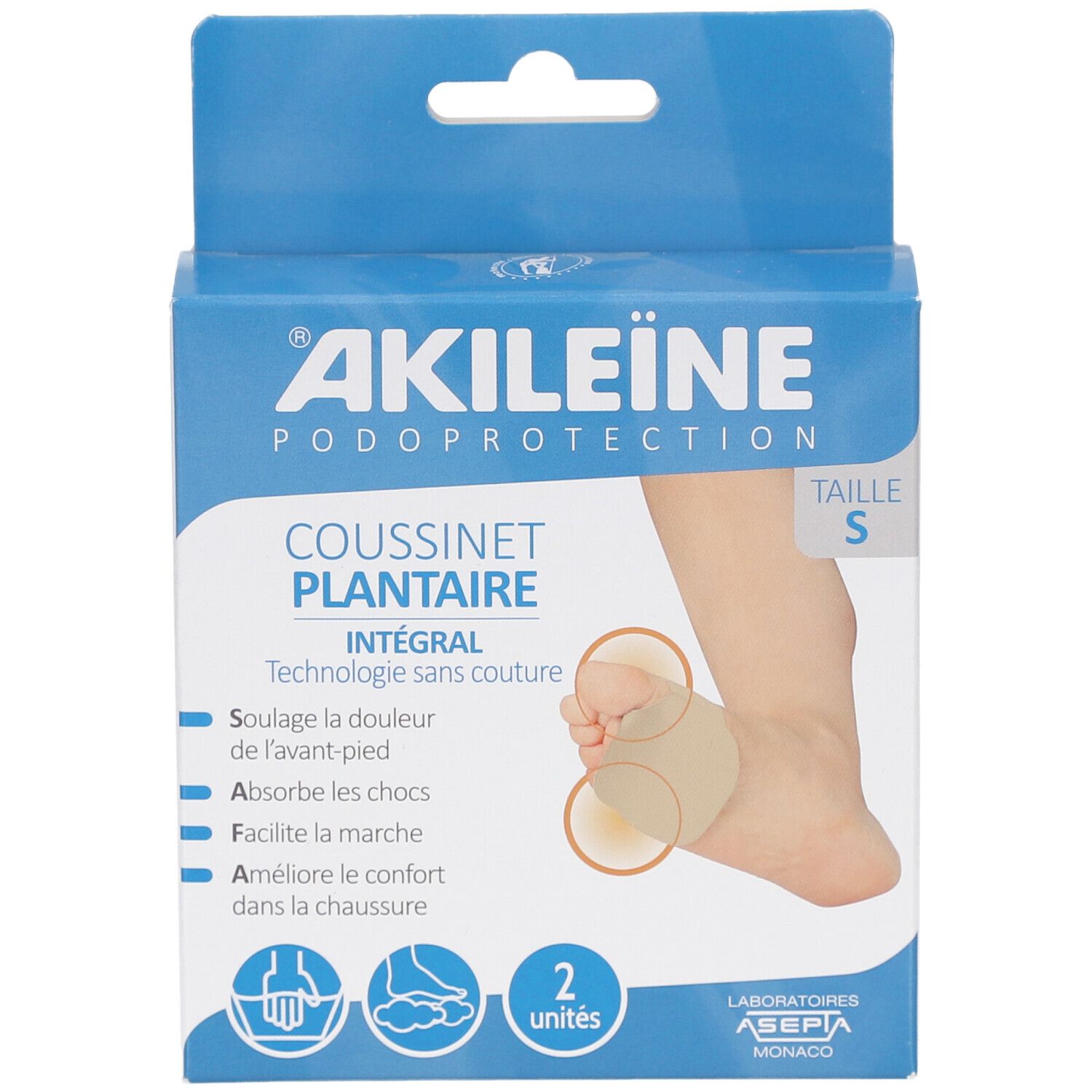 Boîte Akildia® Coussinet plantaire intégral. Modèle de pied avec coussinet. Taille S, 2 unités.