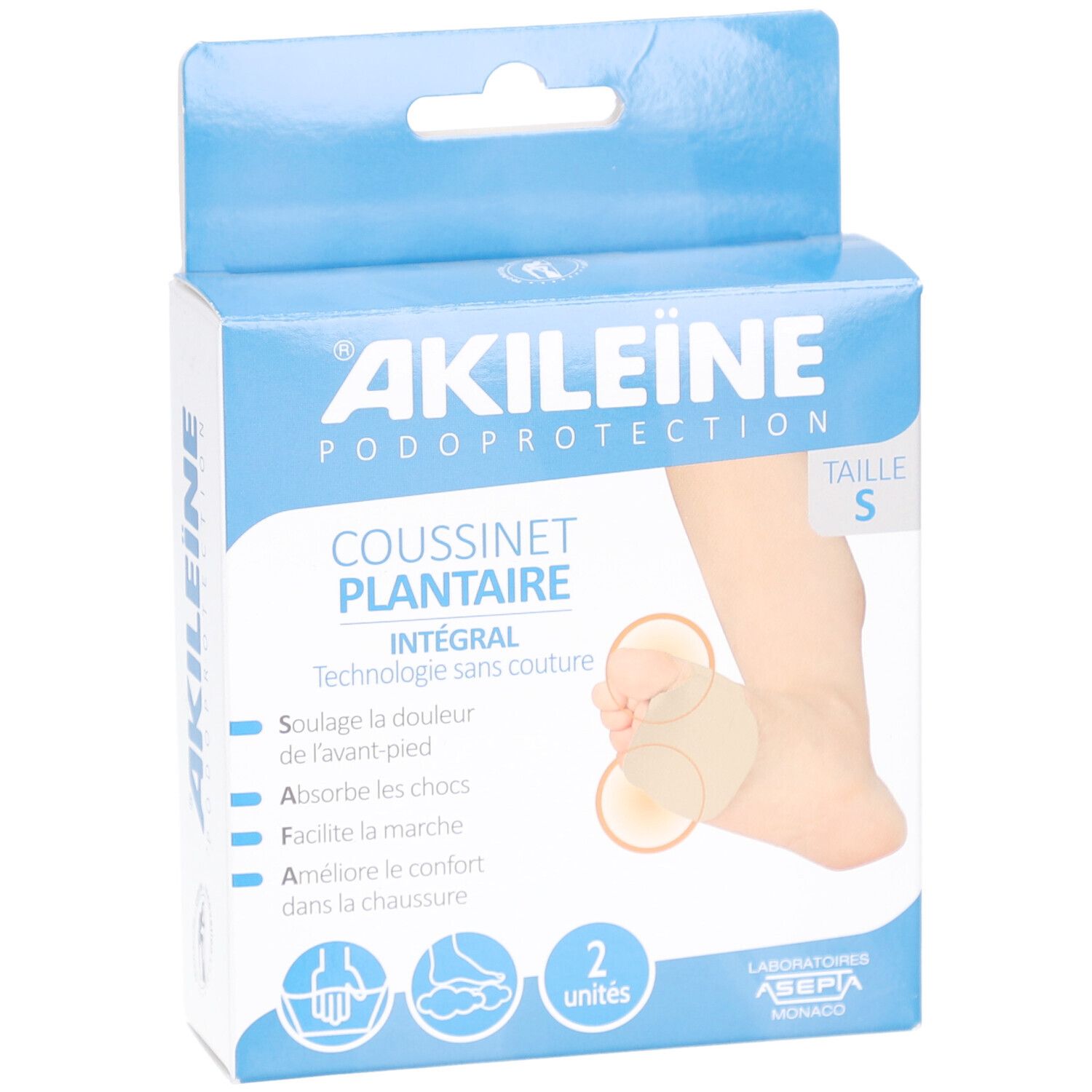 Boîte Akildia® Coussinet plantaire intégral. Modèle de pied avec coussinet. Taille S, 2 unités.
