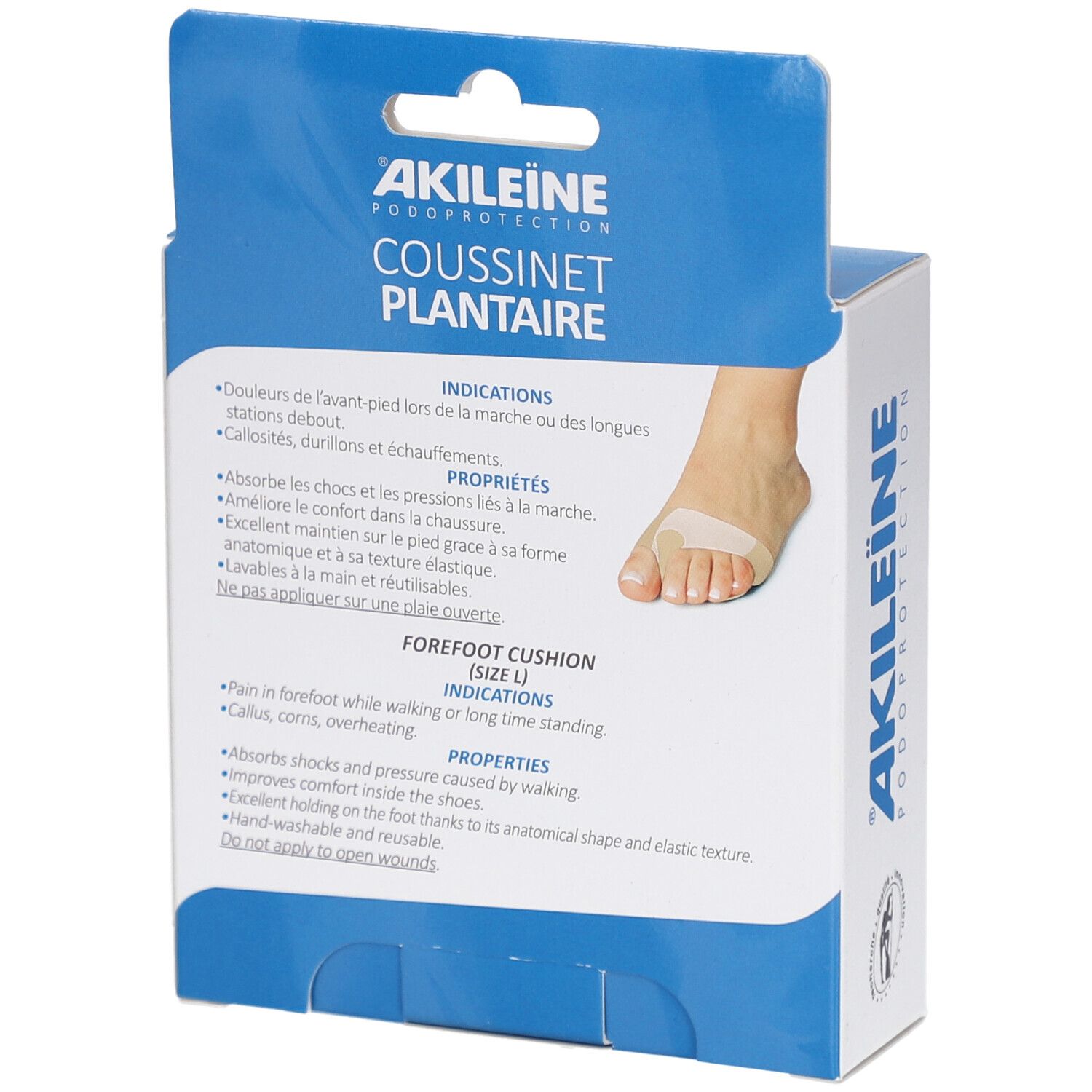 Dos de la boîte Akileine Podoprotection. Informations produit, indications et propriétés. Taille L. Lavable et réutilisable.