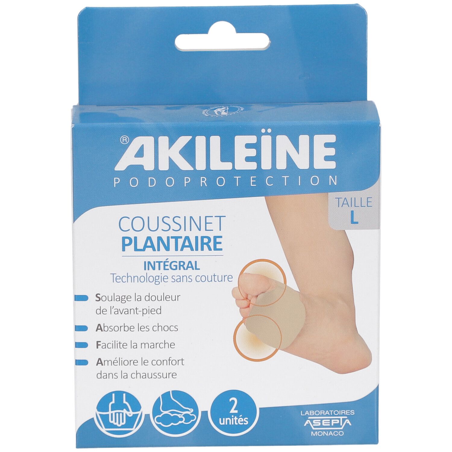 Boîte Akileine Podoprotection. Contient 2 coussinets plantaires. Taille L. Nom du produit et marque visibles. Propriétés imprimées.