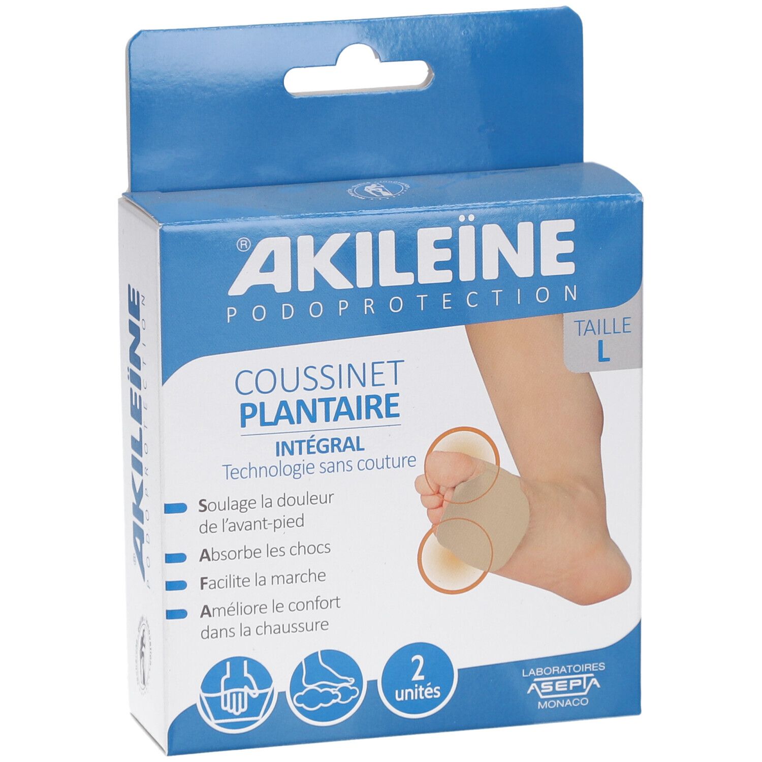 Boîte Akileine Podoprotection. Contient 2 coussinets plantaires. Taille L. Nom du produit et marque visibles. Propriétés imprimées.