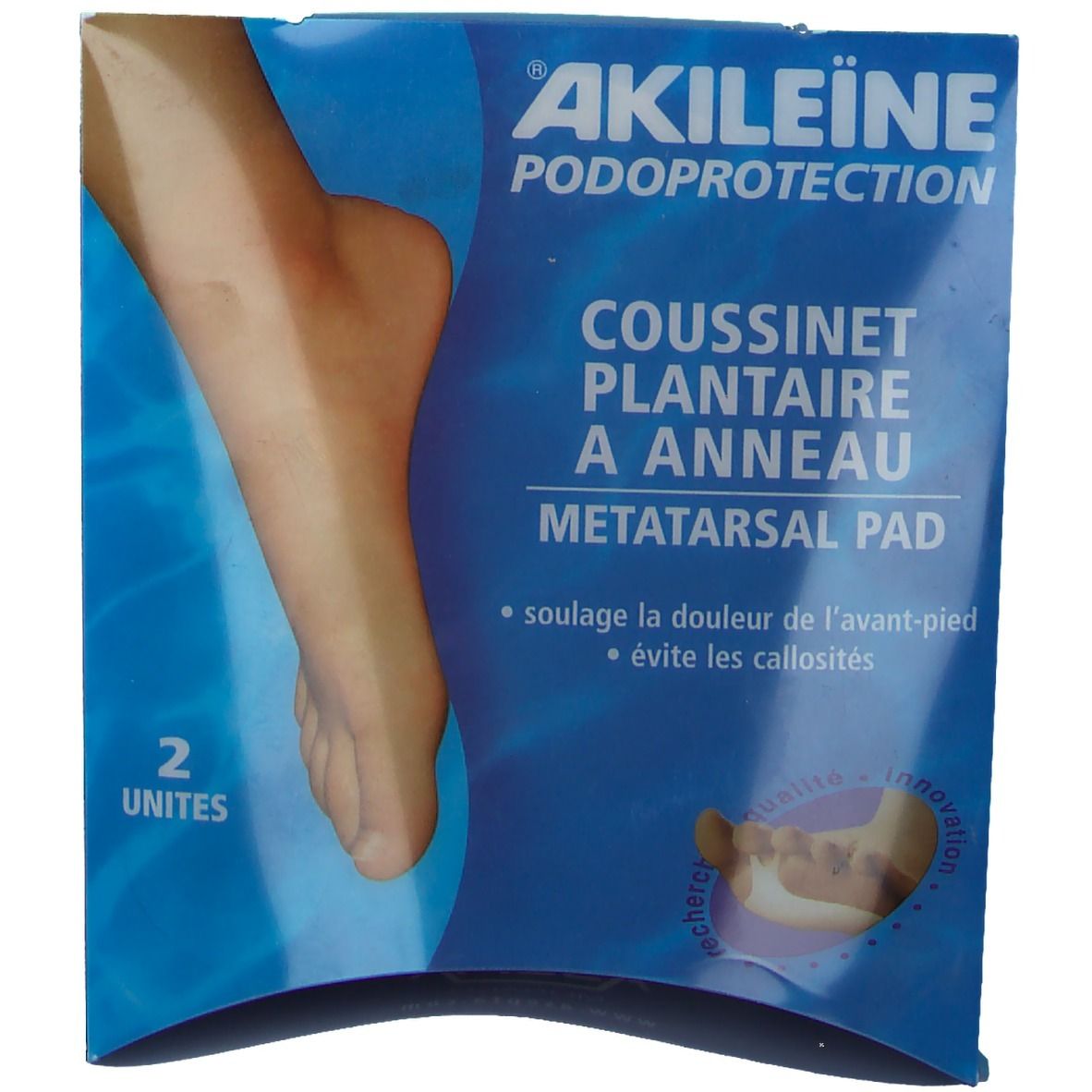 Boîte en carton avec image du produit. Texte: AKILEÏNE, PODOPROTECTION, COUSSINET PLANTAIRE A ANNEAU. 2 unités. Marquage CE.