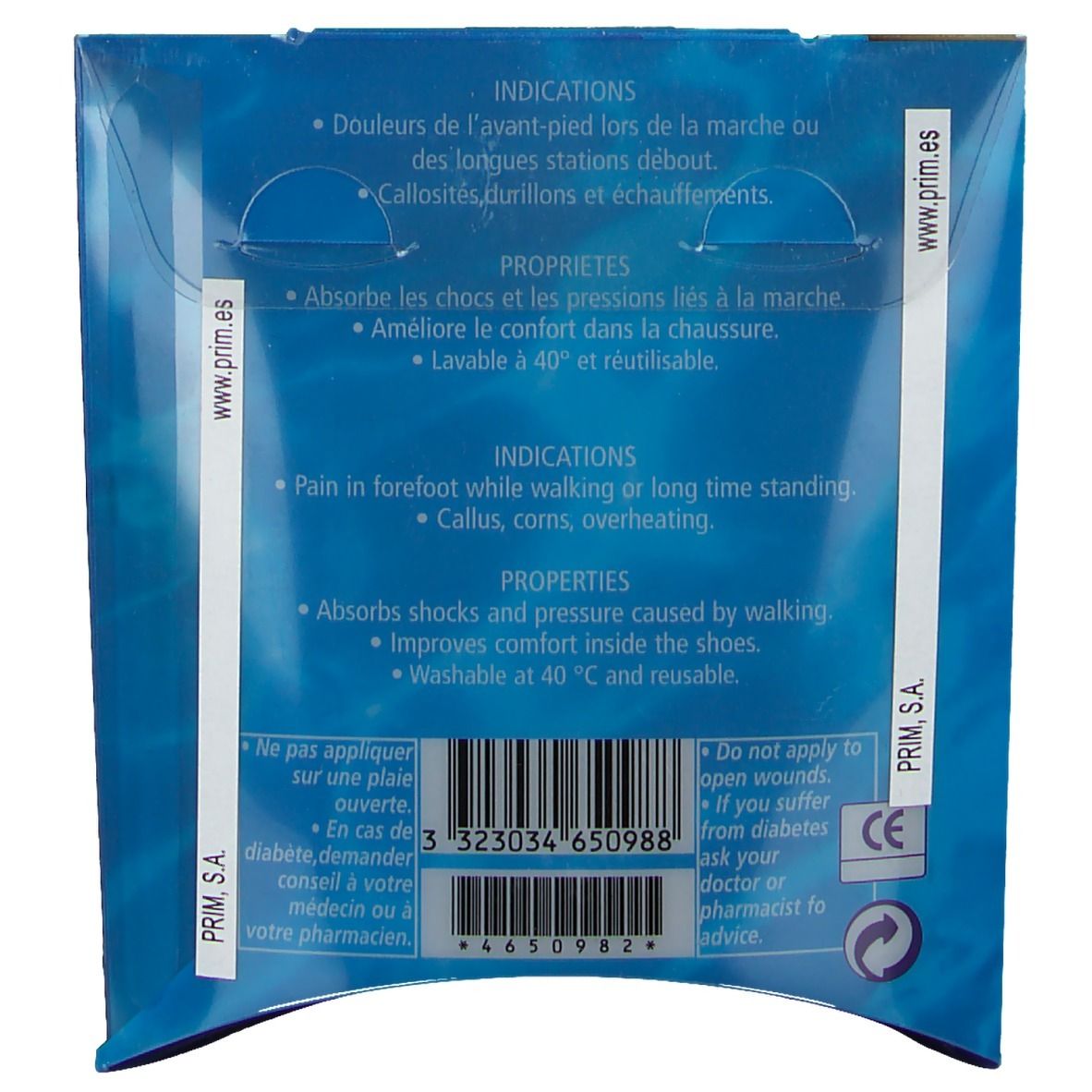 Boîte en carton, vue latérale. Texte: AKILEÏNE, PODOPROTECTION, COUSSINET PLANTAIRE A ANNEAU. Marquage CE. Informations fabricant.