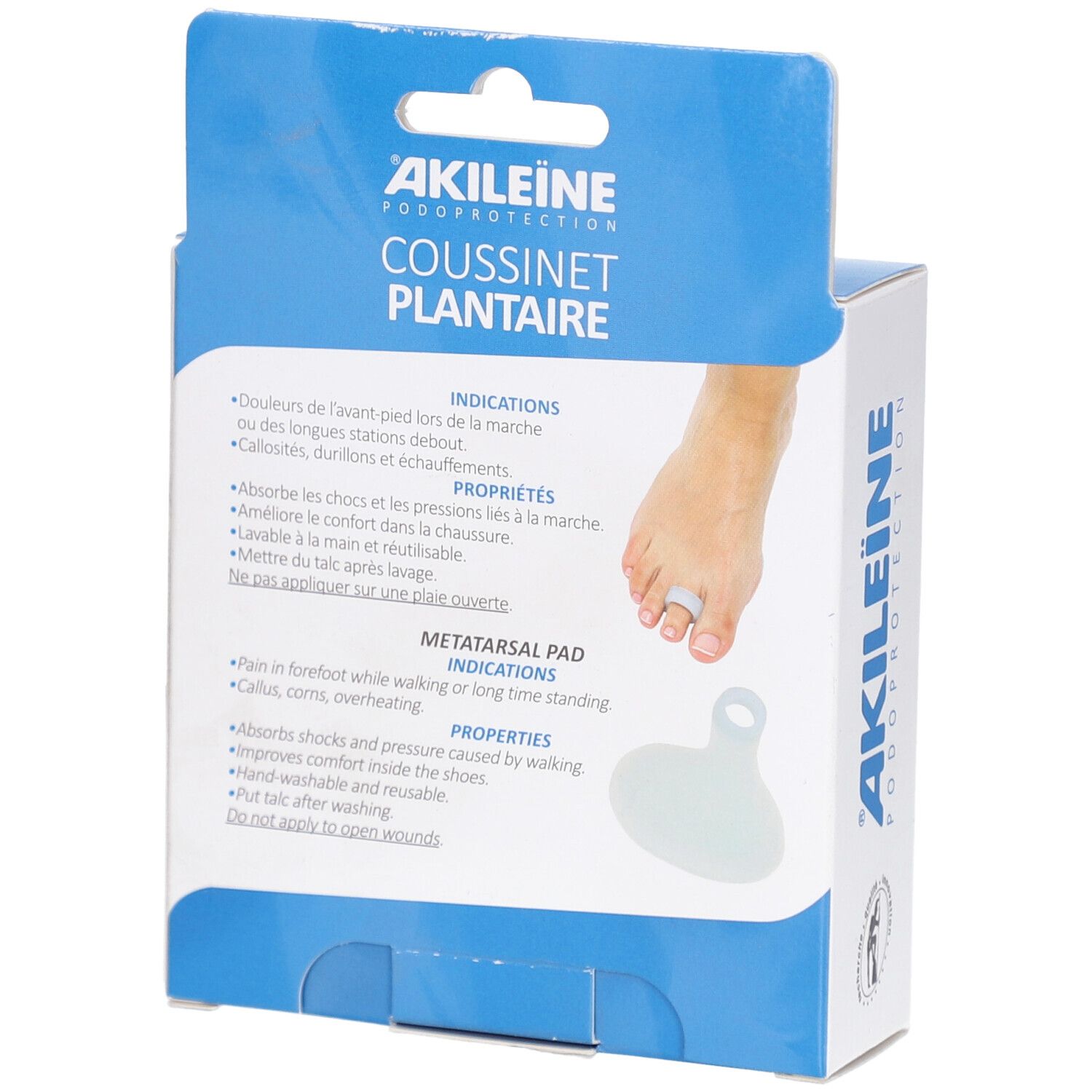 Boîte en carton avec image du produit. Texte: AKILEÏNE, PODOPROTECTION, COUSSINET PLANTAIRE. Produit et anneau visibles.