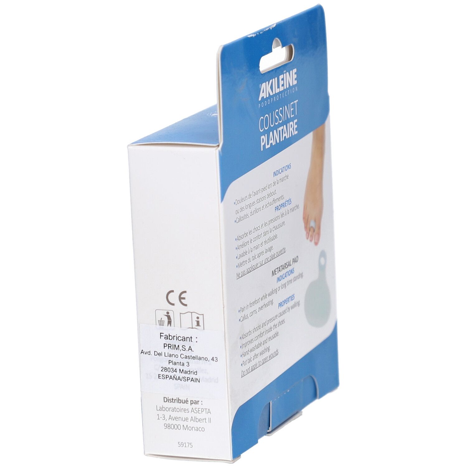 Boîte en carton, vue latérale. Texte: AKILEÏNE, PODOPROTECTION, COUSSINET PLANTAIRE. Marquage CE. Informations fabricant.
